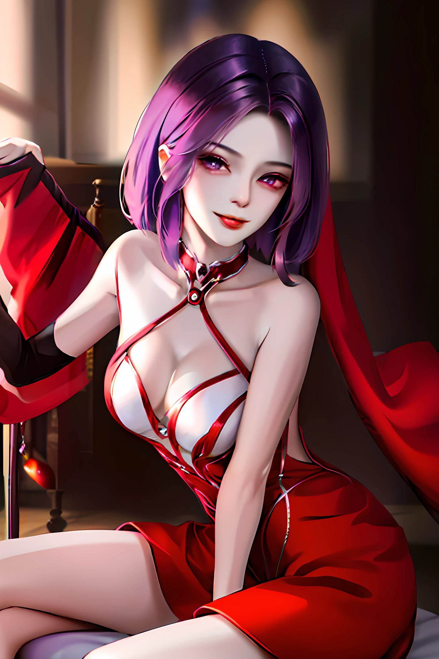 outlet,succubi ,adolable,Bigchest,Short purple hair and white skin,Hair drooping,tightsuit,Be red in the face,is shy,ssmile,Open,greet,Charming,Raised sexy,Touch your tongue,Long legs
