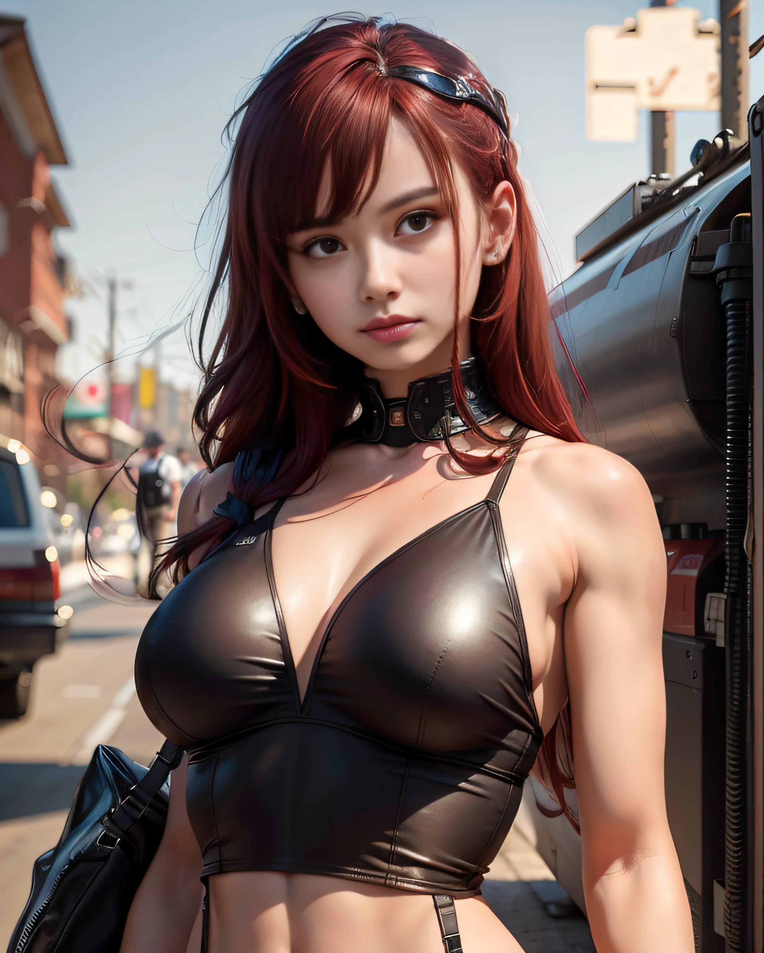 The body is scaled down from the head down,Background war,realisticlying,8K,Firearms in hand,The expression is coquettish,Different expression changes,Background bokeh,fumes,Red hair,Bright light on the face