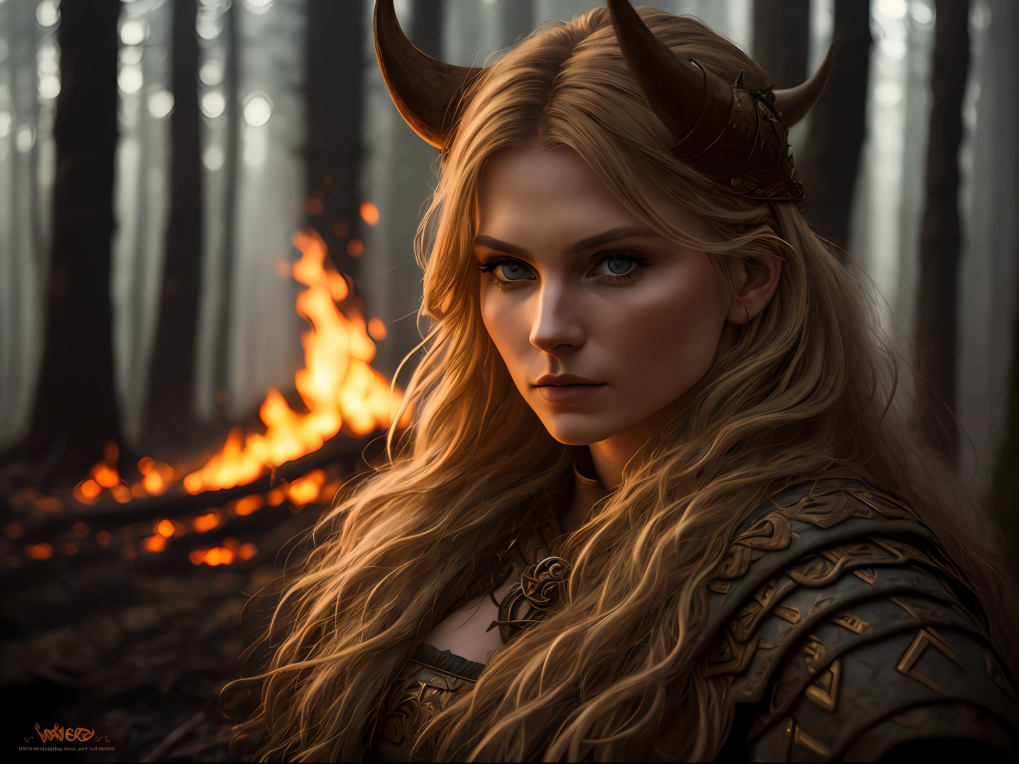 closeup award winning photo of Viking woman posing in a burning dark forest, look at a camera, (cinematic:1.5), epic realistic, hyperdetailed, insane details, intricate details, accent lighting, soft volumetric light, bokeh, (dramatic light:1.2), (neutral colors:1.3)