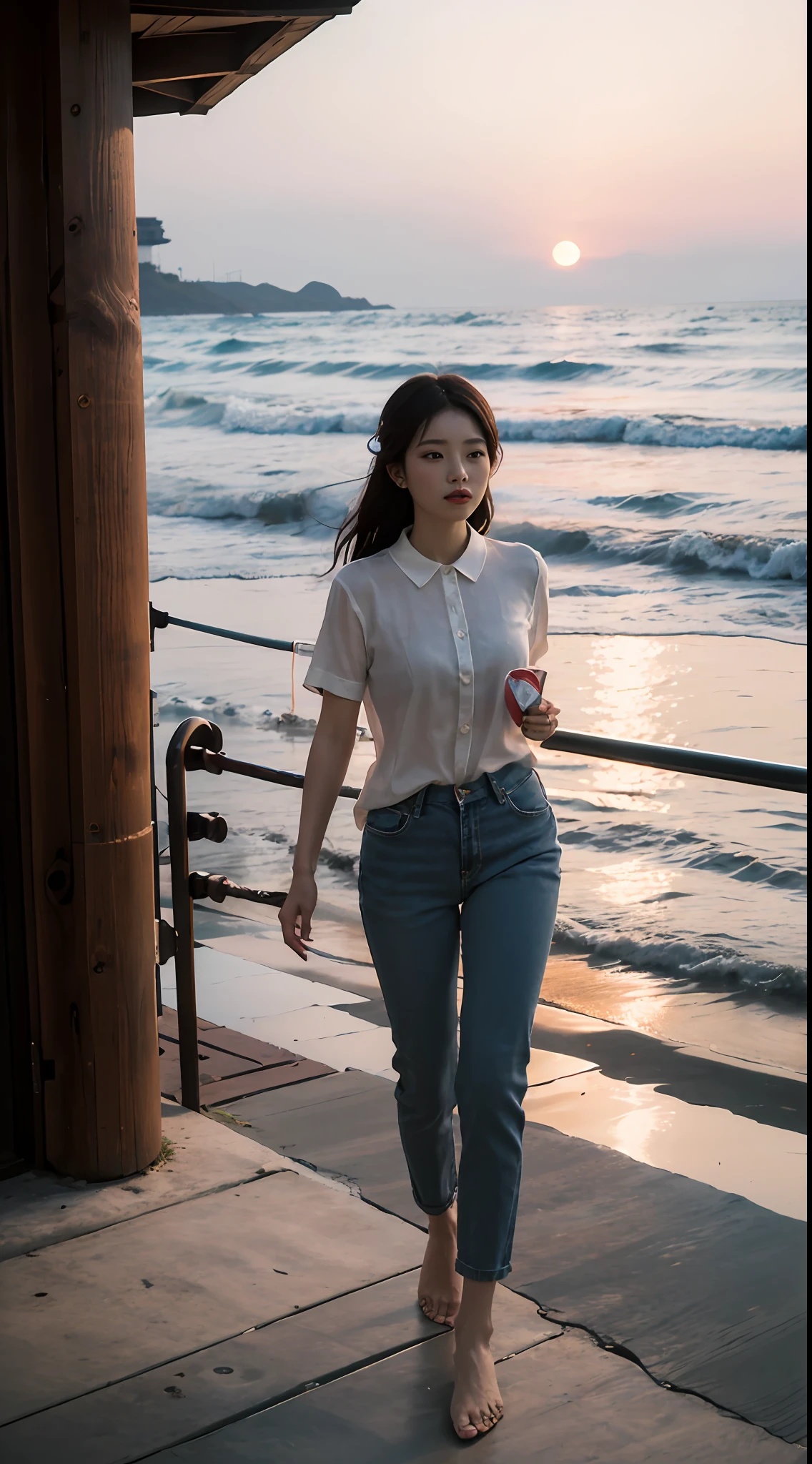 Vampire wedding, 1girll,polo, Solo,, denim pant, water,standing on liquid, Reflection, Sunset, Sea,Barefoot,Roll up the trouser legs，swell sea，Gulangyu Island，Light wind