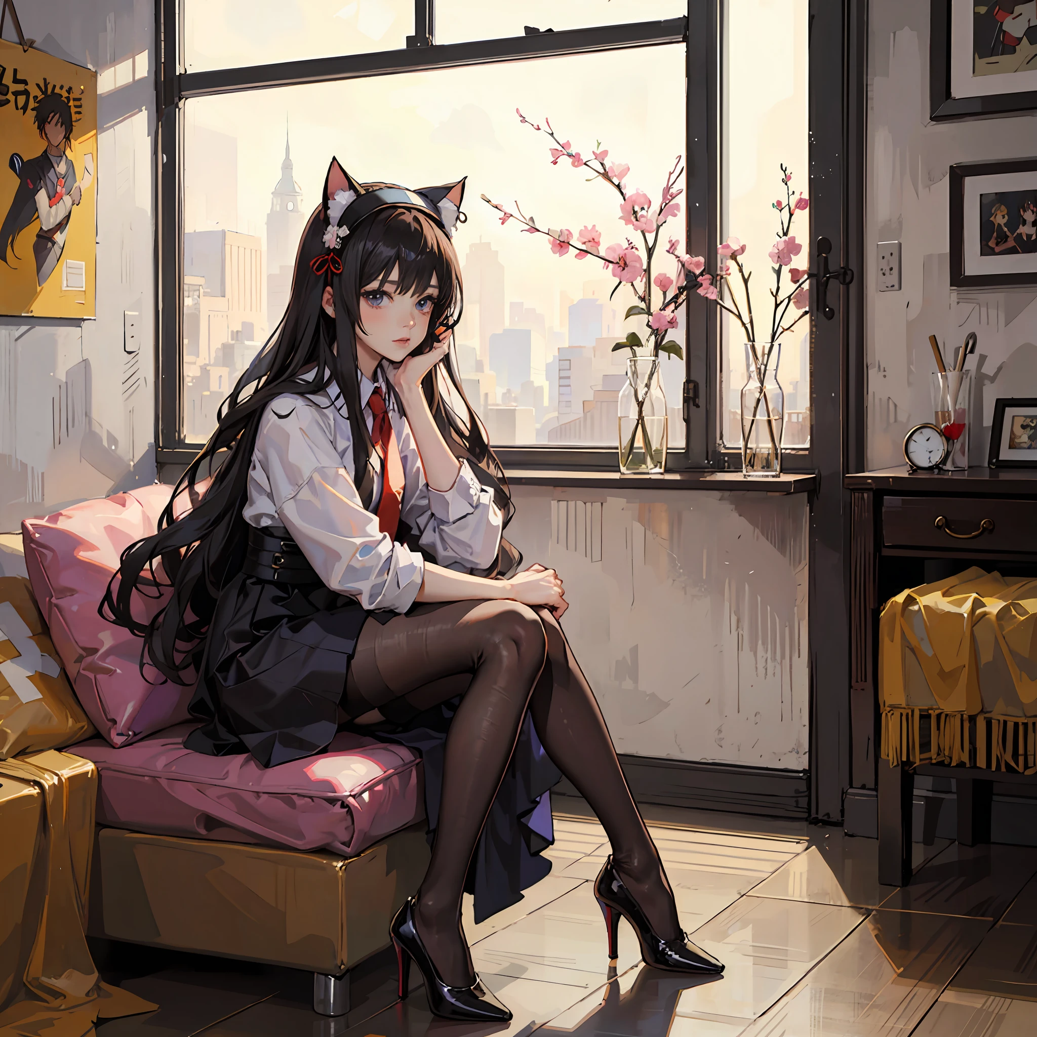 Anime girl sitting on a couch in a room with a window - SeaArt AI