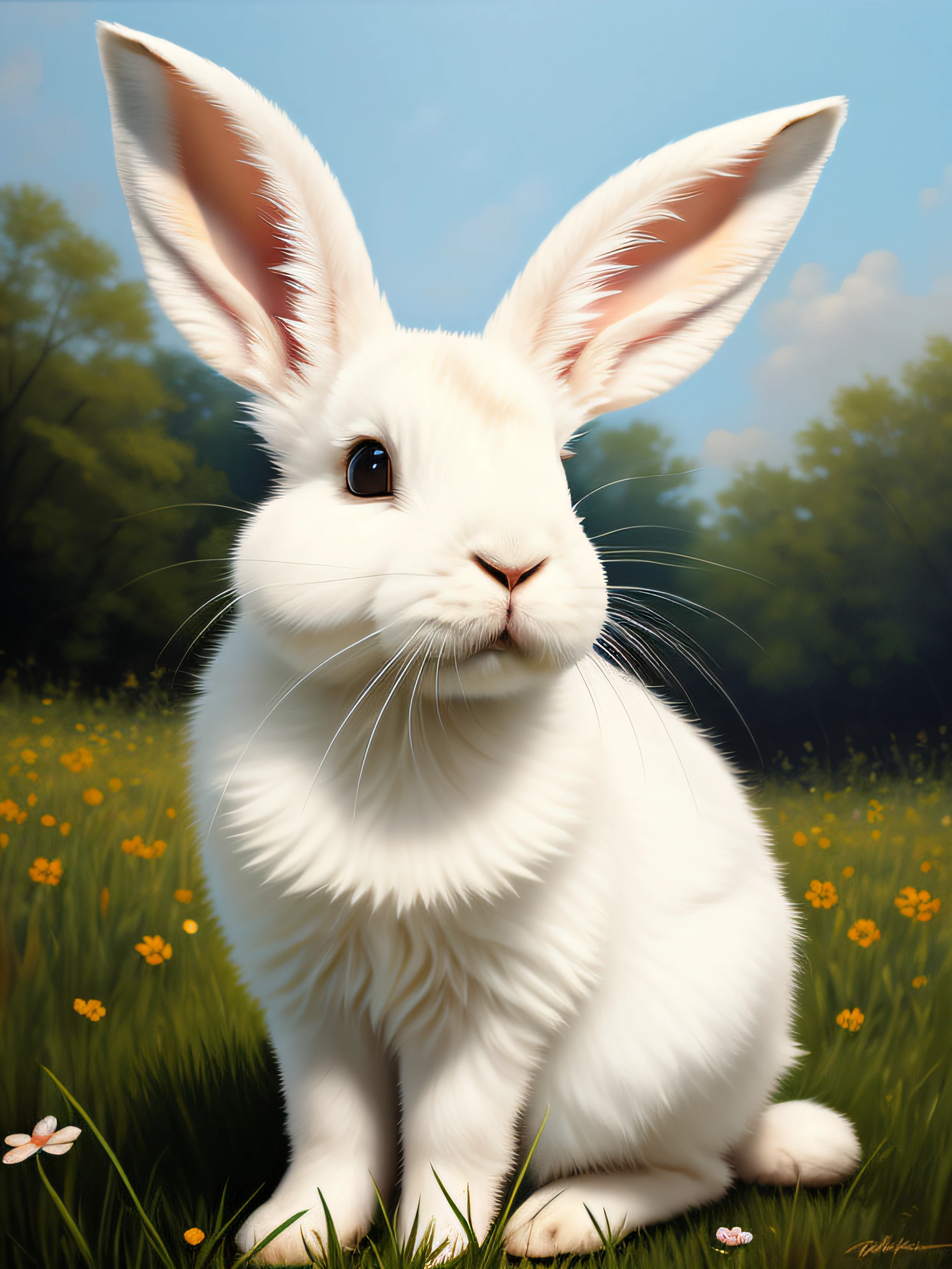 fluffy rabbit with big ears, sitting on the meadow, forest background, bunny, cute, hyper detailed, 32k resolution, oil on canvas