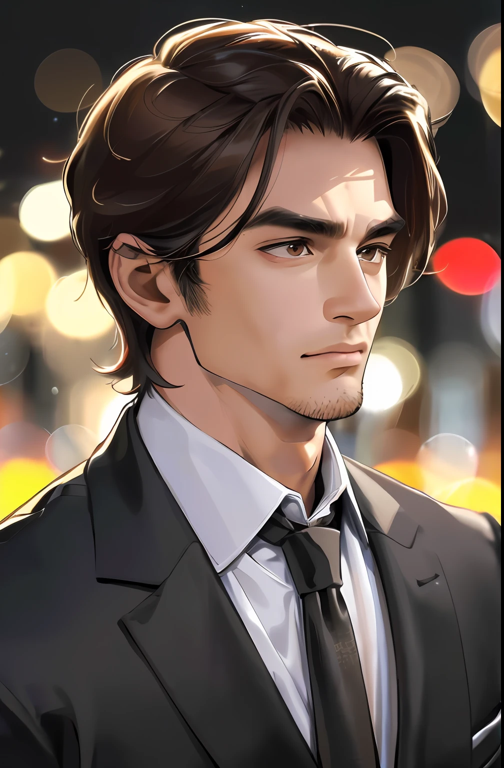 (absurdres, highres, ultra detailed, realistic, ), 1 male, solo, adult, mature, tall muscular guy, broad shoulders, handsome, very short hair, black hair, brown eyes, angular jaw, thick neck, thick eyebrows, night, dark, the night view of the city background, formal suit, necktie, upper body