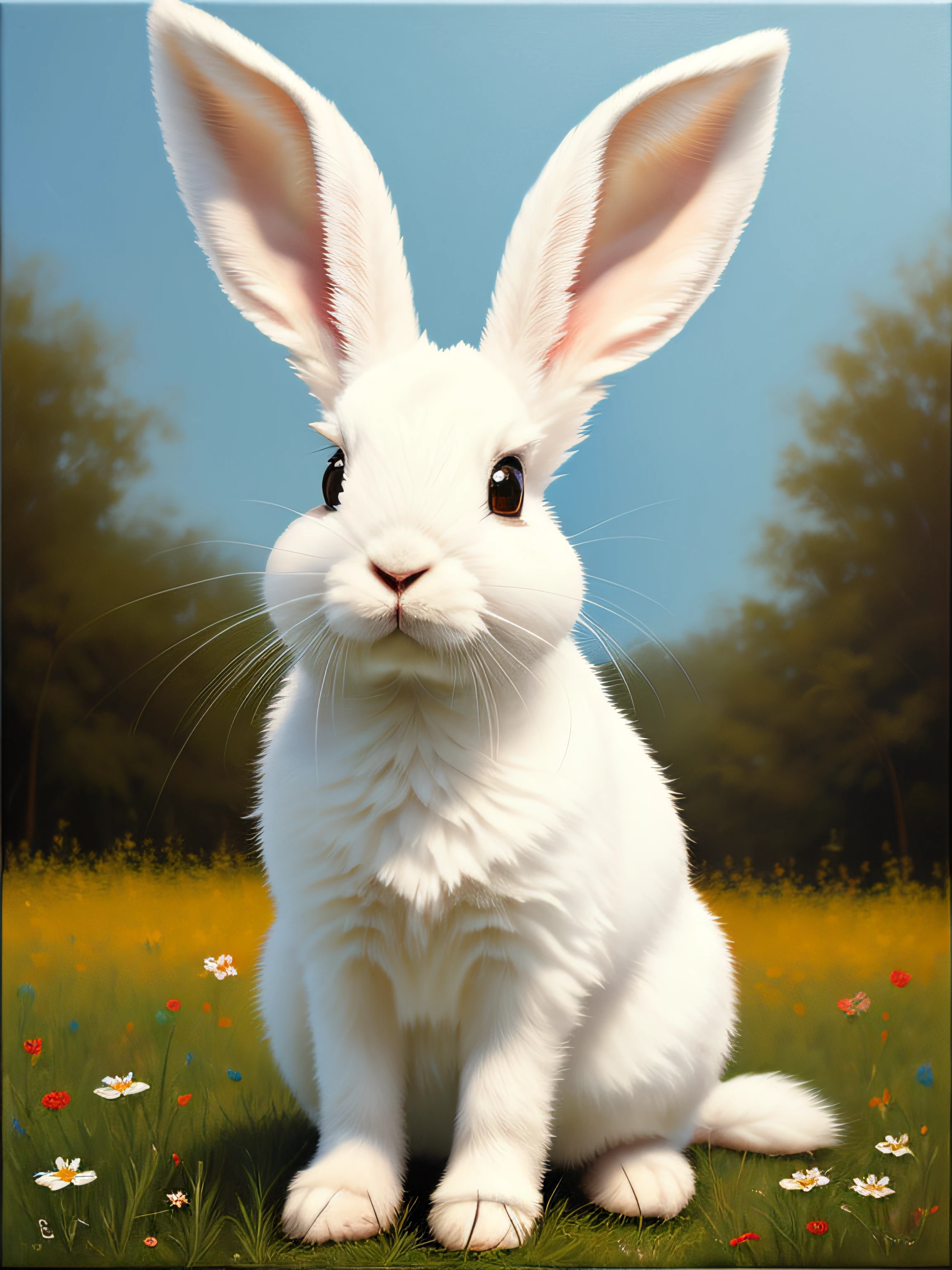 fluffy rabbit with big ears, sitting on the meadow, forest background, bunny, cute, hyper detailed, 32k resolution, oil on canvas