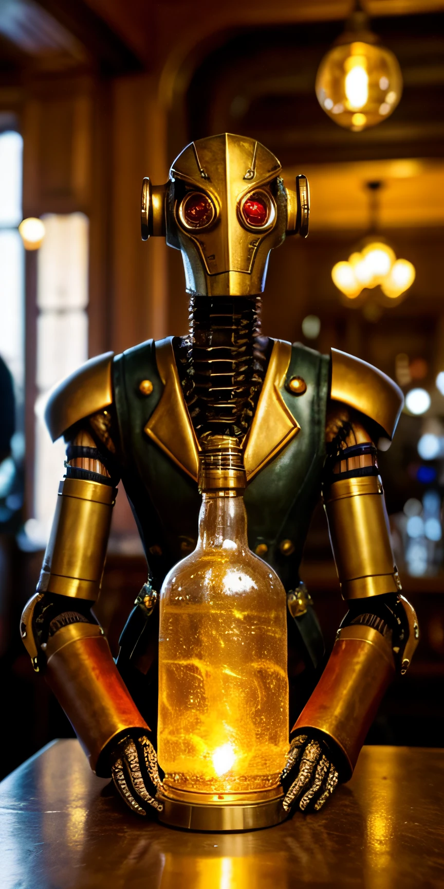 A steampunk robot with gear arms and bulb eyes, wearing a leather vest, leans on the counter of a vintage bar, with intricate details on its metallic structure (photorealistic: 1.2). It elegantly holds a glass of whisky in one of its mechanical hands, while an old-looking whisky bottle sits by its side (detailed skin: 1.2). The golden lighting of the dim and shadowy ambiance (Lighting-Gold: 1.2) highlights the polished metal parts of the robot and the steampunk decor of the bar.

The setting is old-fashioned with classic decoration (Clutter-Home), while antique lightbulbs and candles (HDR) create a cozy and mysterious atmosphere. Cinematic lighting emphasizes the shadows and enhances the texture details of the metal and the objects in the scene. The bokeh effect adds a sense of depth around the robot, directing the focus towards it as the central point of the scene.