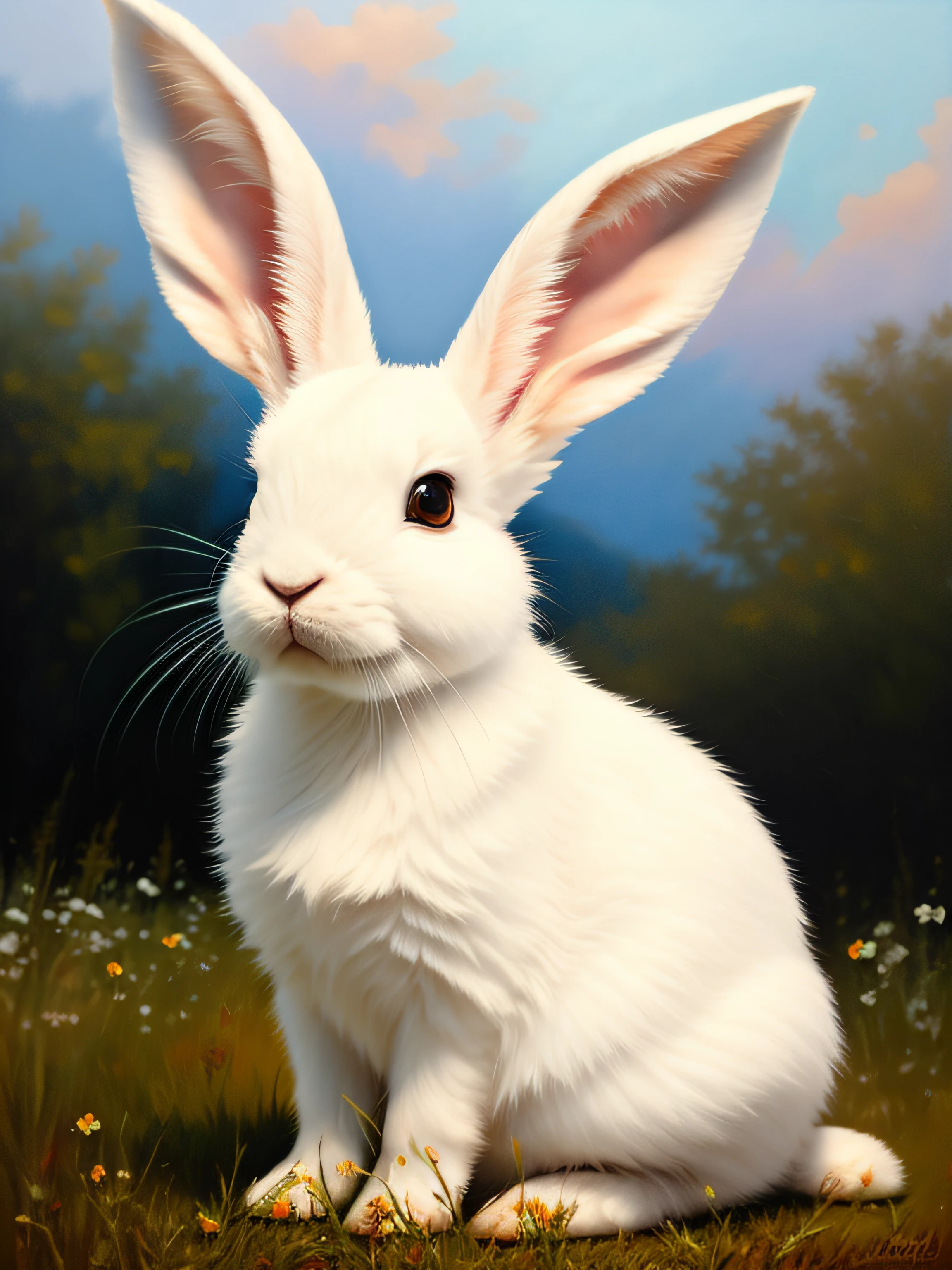 fluffy rabbit with big ears, sitting on the meadow, forest background, bunny, cute, hyper detailed, 32k resolution, oil on canvas