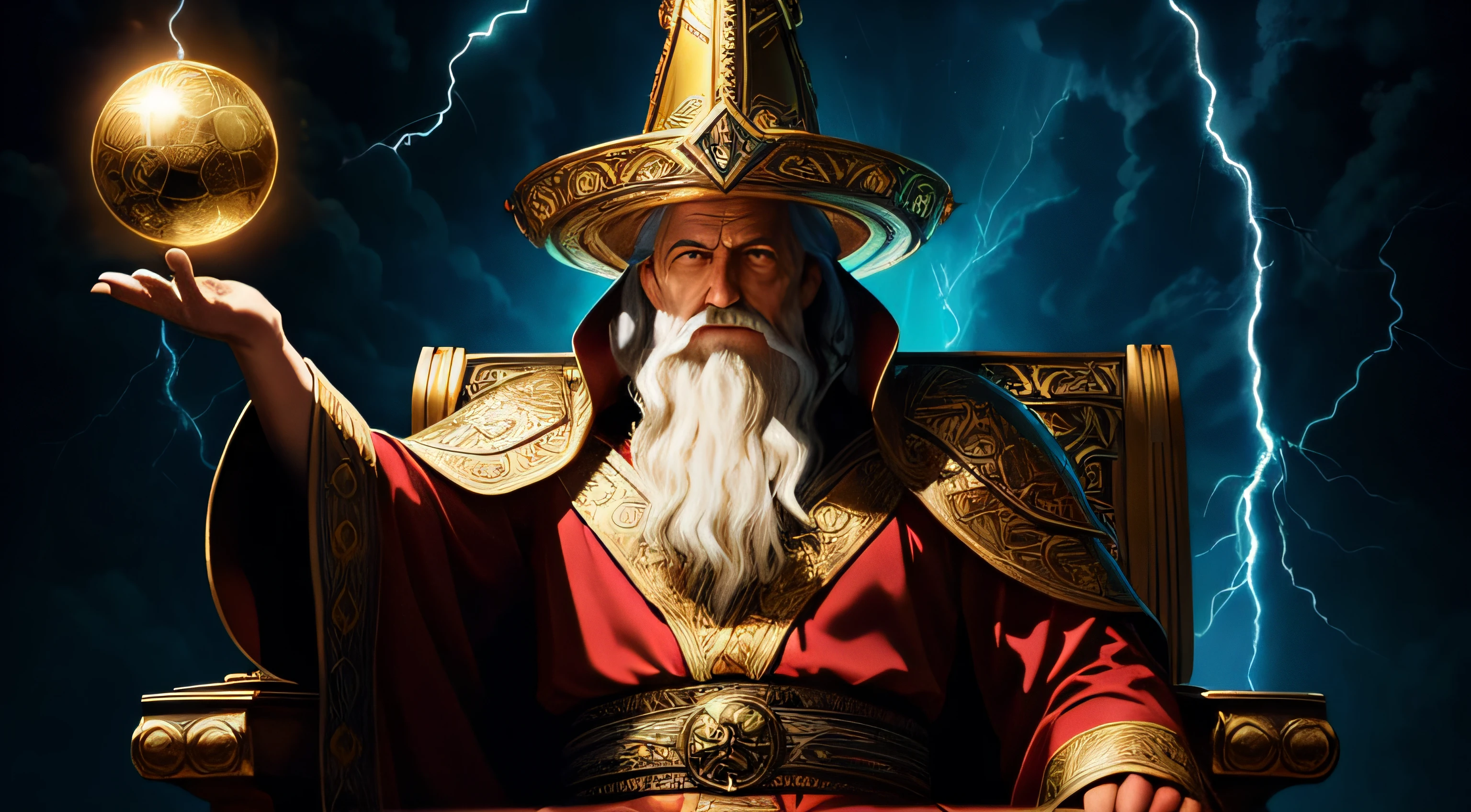 a man in his 40s, face close-up, wise storyteller of life, life motivation quotes, wizard from Dungeons & Dragons, wizard hat, sitting on a golden throne rich in detail, background with thunder clouds and lightning in the background , a large golden crystal ball, 8K, award-winning photography, including HDR, CGI, VFX and insane levels of detail to create an ultra-sharp, ultra-realistic image, soft lighting, fantasy, stout man, mage, ornate staff, long shimmering robe, lining silver, powerful, casting a spell, magic runes, dark, Nikon d 850 film stock photography 4 kodak portra 400 camera f16 lens rich colors hyper realistic artwork raw, dynamic pose, epic --auto