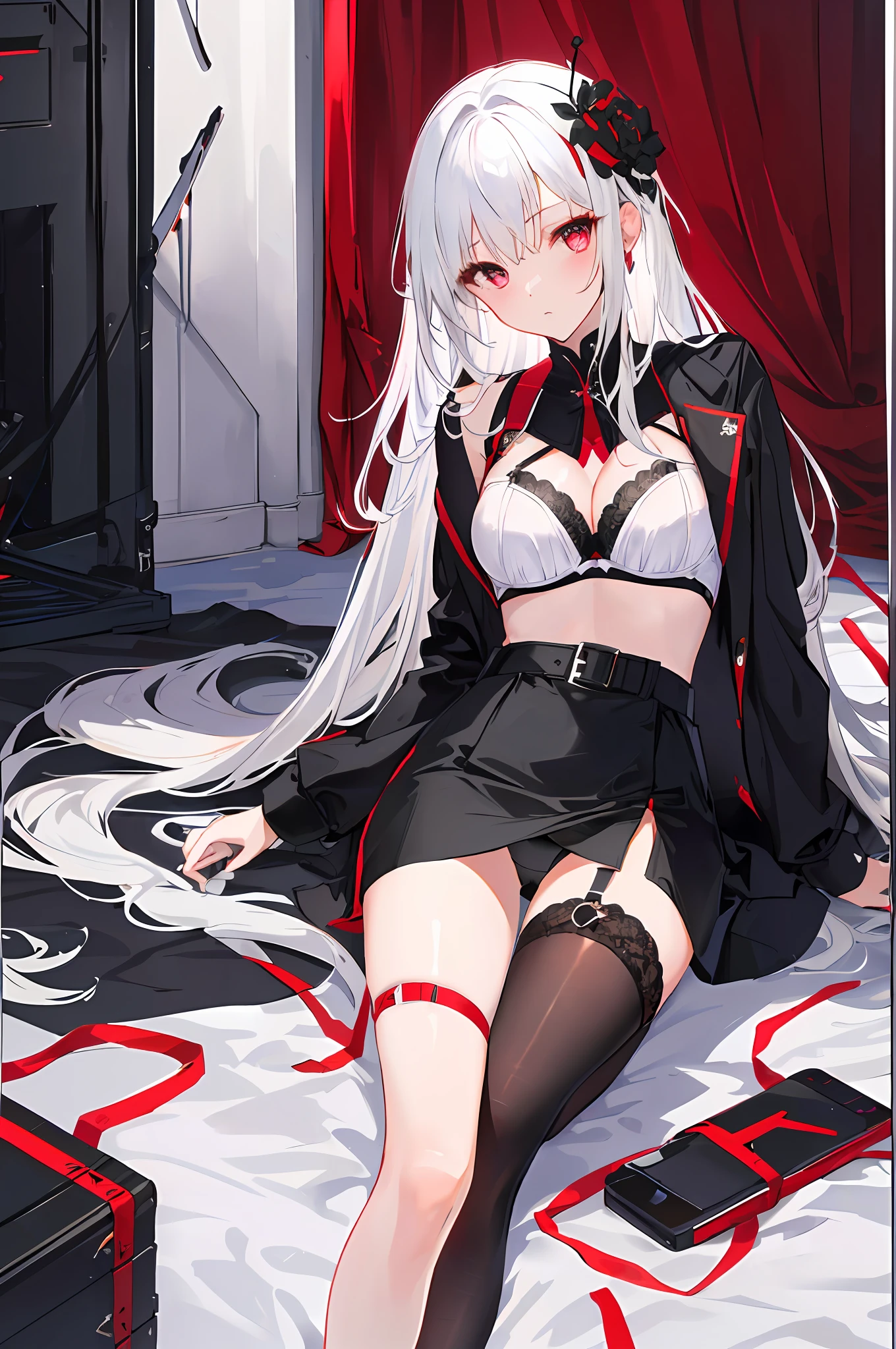 Superskirt,Black panties exposed,White color hair,red color eyes,Wear black stockings on the left leg,Black cuffs,Deep cleavage,Bigchest,Raised sexy,Black bra exposed,Stretch your legs together,Attach several straps to your right leg,Straighten your legs