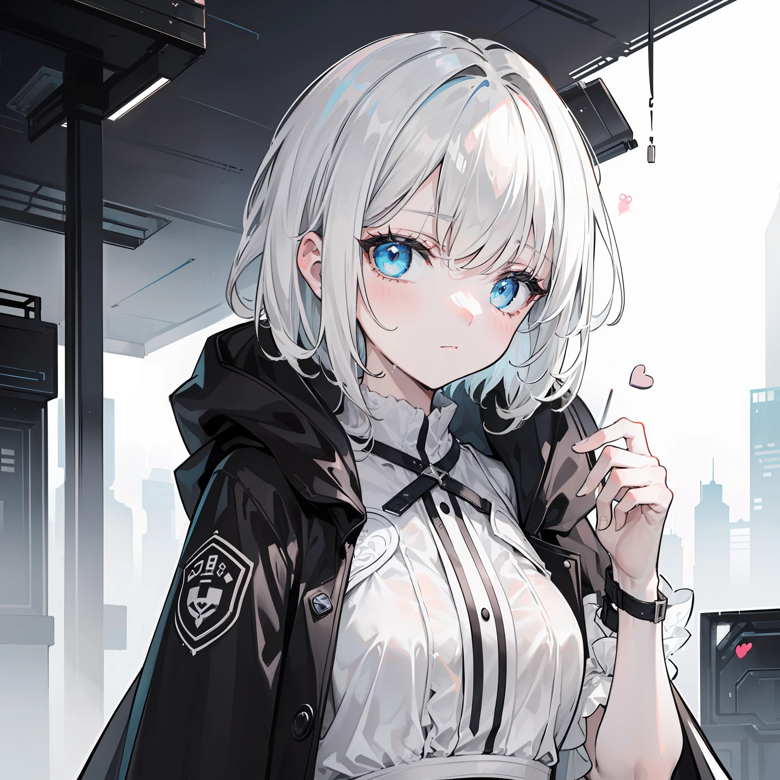 Cyberpunk woman，fansty world，white light background，Clean design，Epic Instagram，art  stations，Colorful paint splashes，contours，Hyper-detailed intricate details，unreal-engine，fanciful，Complicated details，splash image，complementary colours，fantasy concept art，8K分辨率，A masterpiece of deviantart，oil painted，Heavy strokes，paint drips，（Isolate on a white background：1.3），Rainbow skins，(((beautiful young))), ((Teenage:1.5)), (Glowing light blue eyes), ((Eyes have light))，((((Short gray hair:1.1))), ((Black and white，White is the dominant color dress)), (A princess\\(Indifferent expression\\),, (((Wear a high-detail black and white trench coat，hooding，inside, She wears short white sleeves，It has a love heart pattern on it))), A head of white hair，exteriors，raining day，See-through