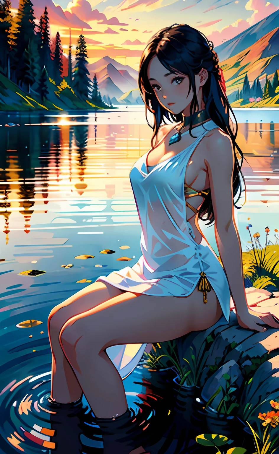 1 girl, serene expression, mesmerizing eyes, straight long hair, flowing dress, poised posture, porcelain skin, subtle blush, crystal pendant BREAK golden hour, (rim lighting):1.2, warm tones, sun flare, soft shadows, vibrant colors, painterly effect, dreamy atmosphere BREAK scenic lake, distant mountains, willow tree, calm water, reflection, sunlit clouds, peaceful ambiance, idyllic sunset, ultra detailed, official art, unity 8k wallpaper , zentangle, mandala