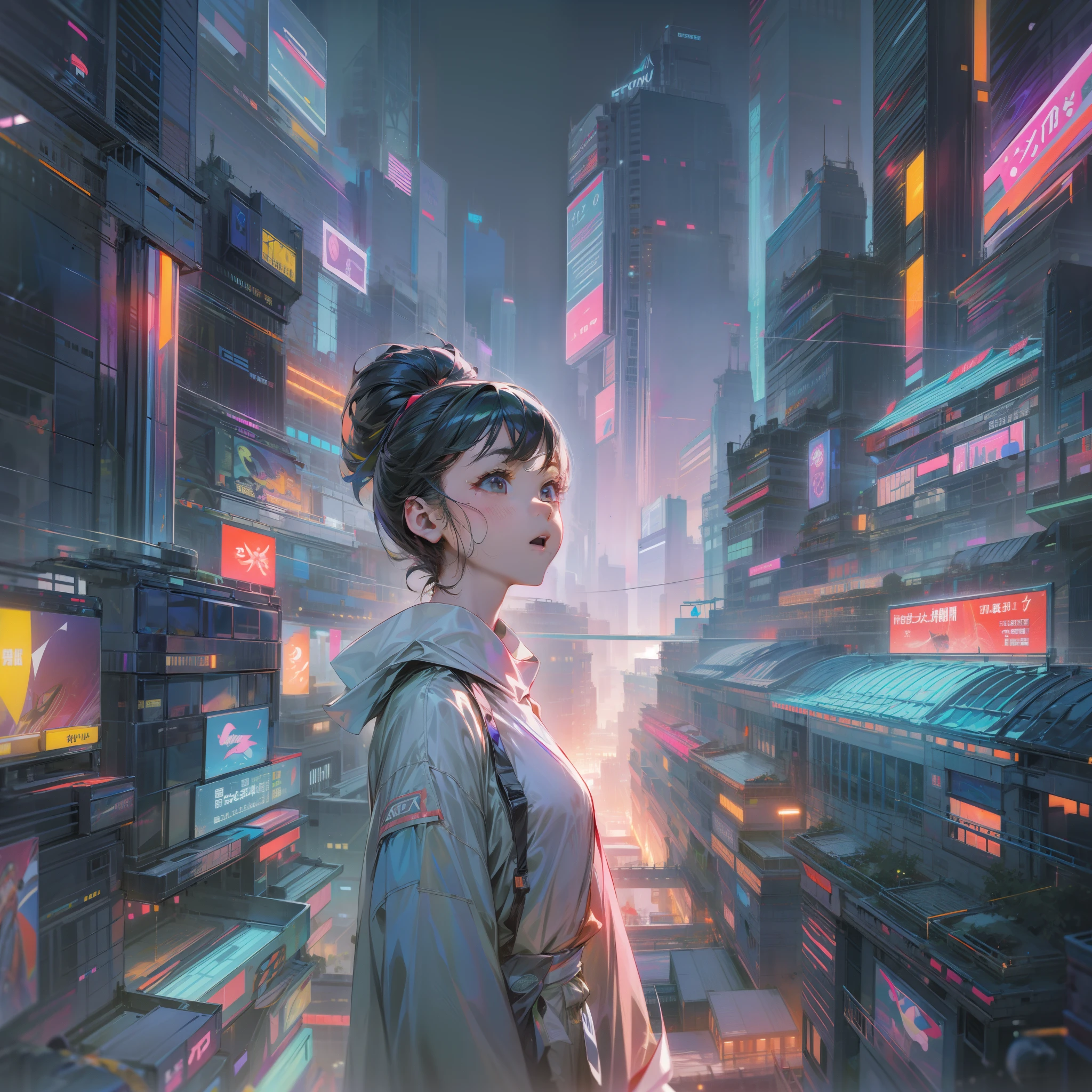Drawn in 8K ultra-high resolution、Spectacle of the city of the future。The whole picture is filled with dazzling neon colors.、A colorful palette spreads out as if decorating the entire space.。In the center of this painting is、There is a young woman full of energy。Her hairstyle is short cut with black hair、The inner color is a neon color gradation.、Viola、green grass、verdant、And yellow is skillfully mixed。This is because she、Shows that you are in harmony with the colorful world around you。
Her outfit is contemporary, yet、Contains futuristic elements。The top is a hologram crop top、It shines iridescent when it receives light、Harmonize with the colors of Zhou Yu as if she is one。Her bottoms are shiny high-waisted silver pants.、While emphasizing the beauty of the legs, it creates a sophisticated silhouette.。At its feet、Neon pink high-tech sneakers、Supporting a vigorous footstep。
What she holds in her hands is、Transparent smartphone。The screen reveals a three-dimensional hologram.、It's as if she's one with the technology of the future.。Her gaze is directed forward.、His expression was bright.、Have fun、Full of expectations。
Behind her is the night view of the futuristic city。hay、Lined with cleverly designed skyscrapers、From that window々Colored light is emitted、Neon signs illuminate the whole city。On the roads of the city、Driverless autonomous vehicles come and go、In the sky above it、Drones and hovering cars are flying around。On the other hand、Some parts of the city have、Lush parks and vertical farms、It depicts a utopia where technology and nature coexist。
In the distant sky、The space elevator stretches toward the starry sky.、Beyond that, the beautiful aurora borealis that colors the night sky spreads out.。The road she stands on is、Interactive LEDs、Colorful light is emitting from under her feet。The colors change every time pedestrians pass by.、He creates an art-like image according to the movement.。
This whole scene is、It expresses a future in which the evolution of scien