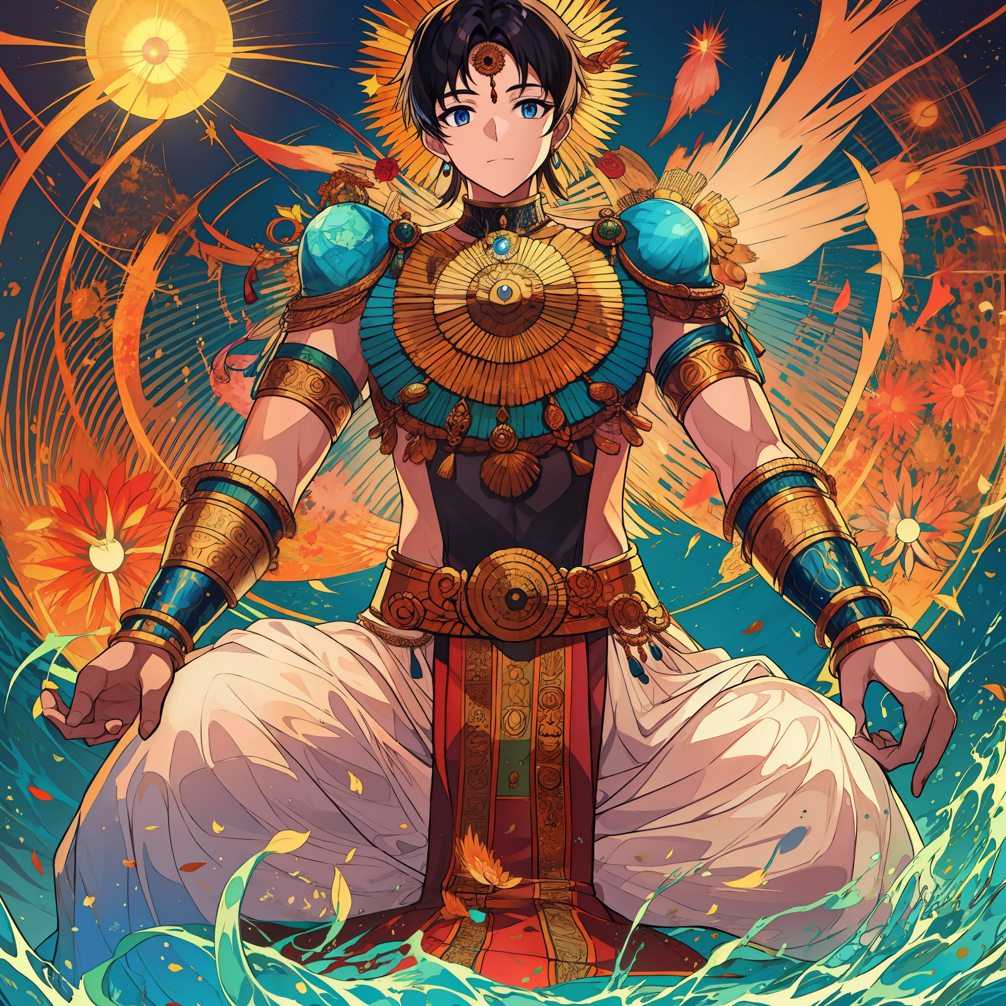 Surya, the Hindu god of the sun, 4 arms, black hair, blue eyes, male, short hair, hair buns