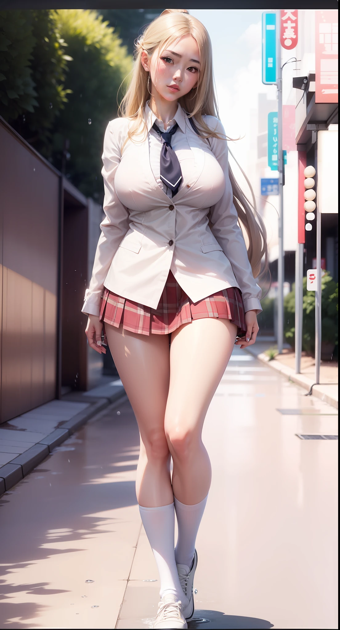 Japanese girl with wet school uniform, transparent wet uniform,wet body, mini skirt, white shoes, skinny wet legs, beautiful girl, beautiful face,brown eyes, ponytail blonde long hair, Realistic, 8K Quality, rendering, high quality, super detail face, big breast, milf, Raining weather, Rain, water on the street