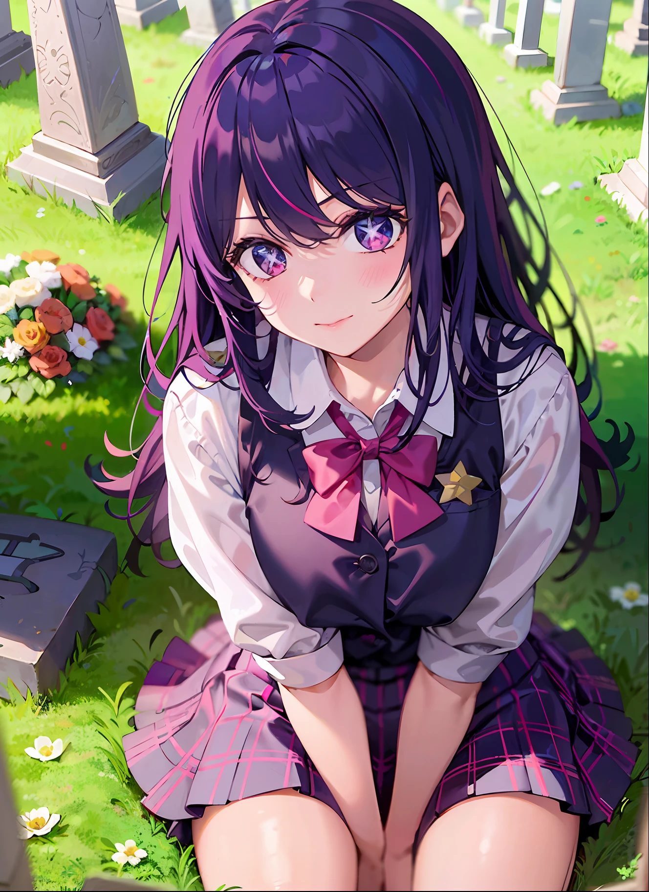 one-girl，（（There is a five-pointed star in the eye））Gorgeous Hair in Long Purple，JK school uniform，short  skirt，full bodyesbian，bunch of flowers，grave stones，burial site，