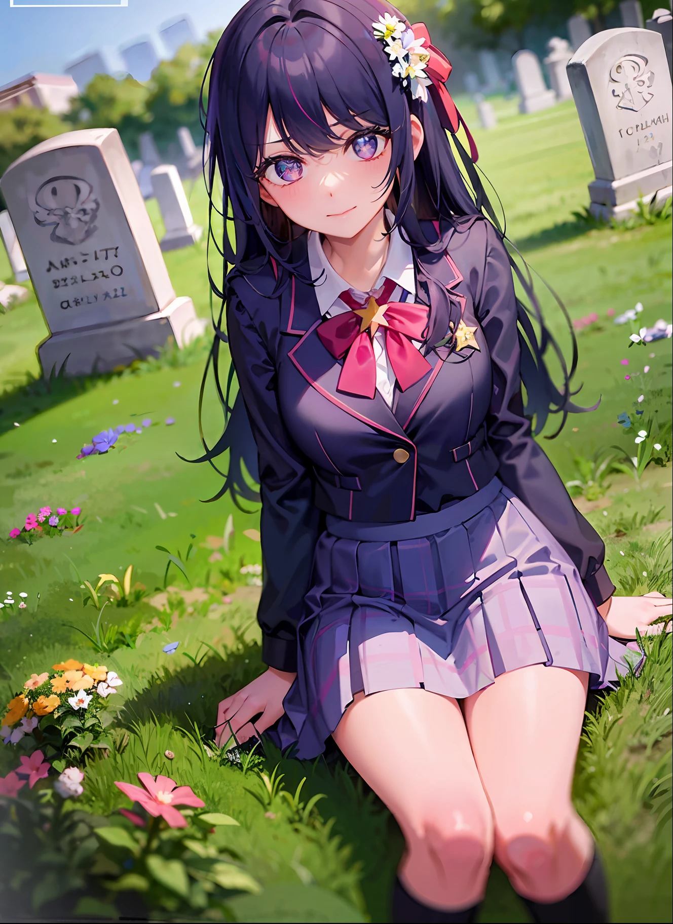 one-girl,((There is a five-pointed star in the eye))Gorgeous Hair in Long Purple,JK school uniform,short skirt,full bodyesbian,bunch of flowers,grave stones,burial site,