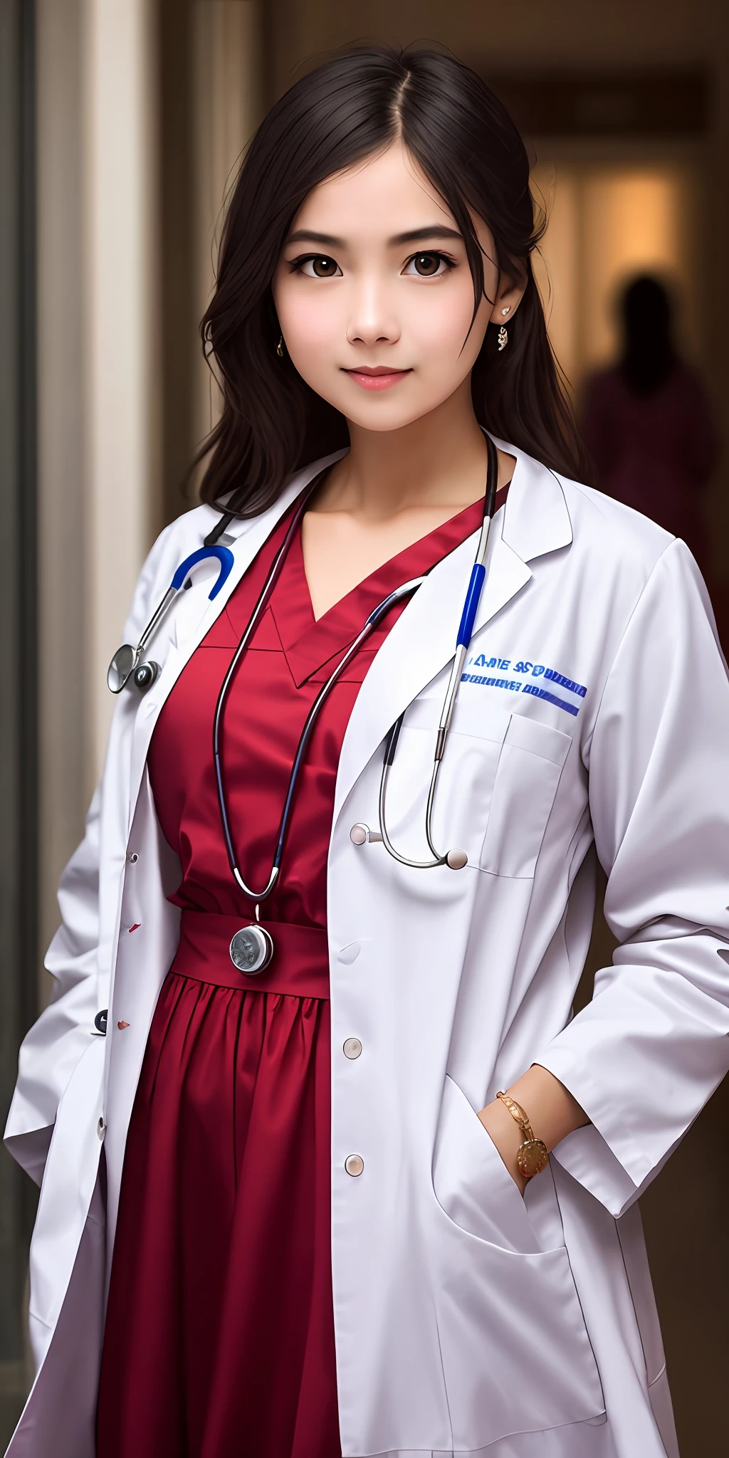 a girl doctor,one-girl,Concerned eyes,ssmile,mischievous,Be red in the face,exquisite detailing,Realiy,Detail portrayal,Light,full bodyesbian,offcial dress,Reflective skin,4k,