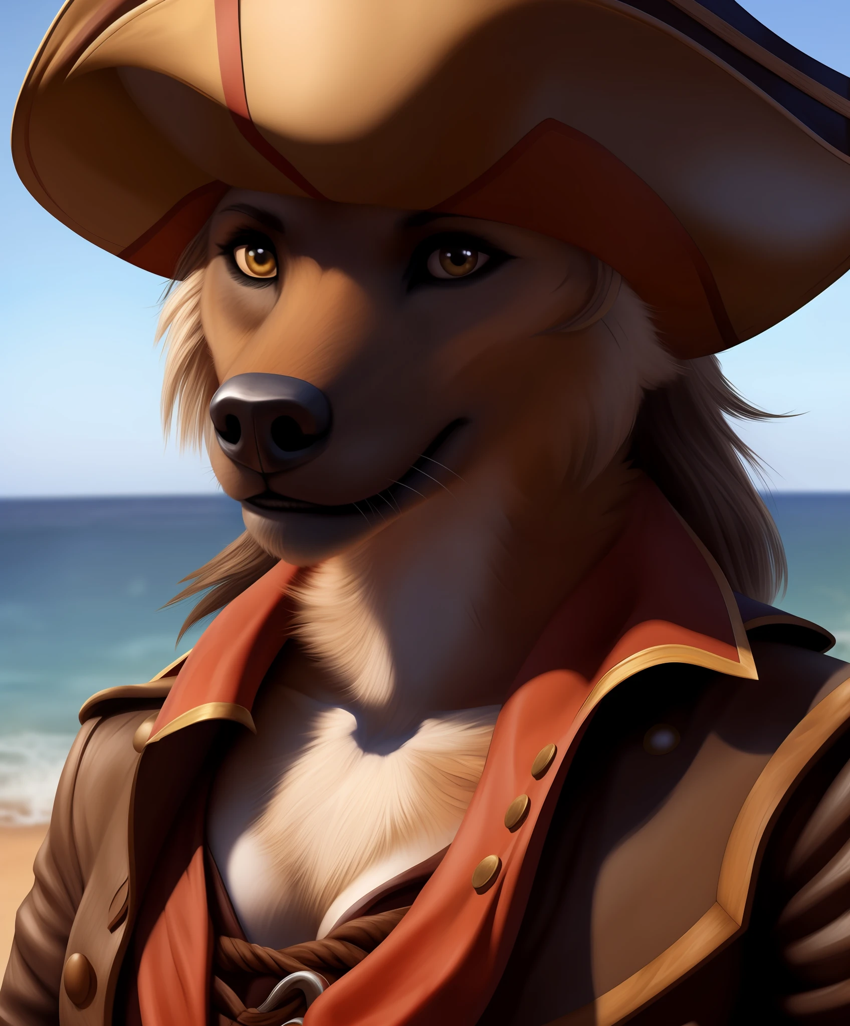antro, hiena, sozinho, female, adulto, pirata, Pirate hat, vestido, Pelo realista, Antecedentes detalhados, fundo do mar, Realistic, fotorrealista, ultra realistic, 8k,