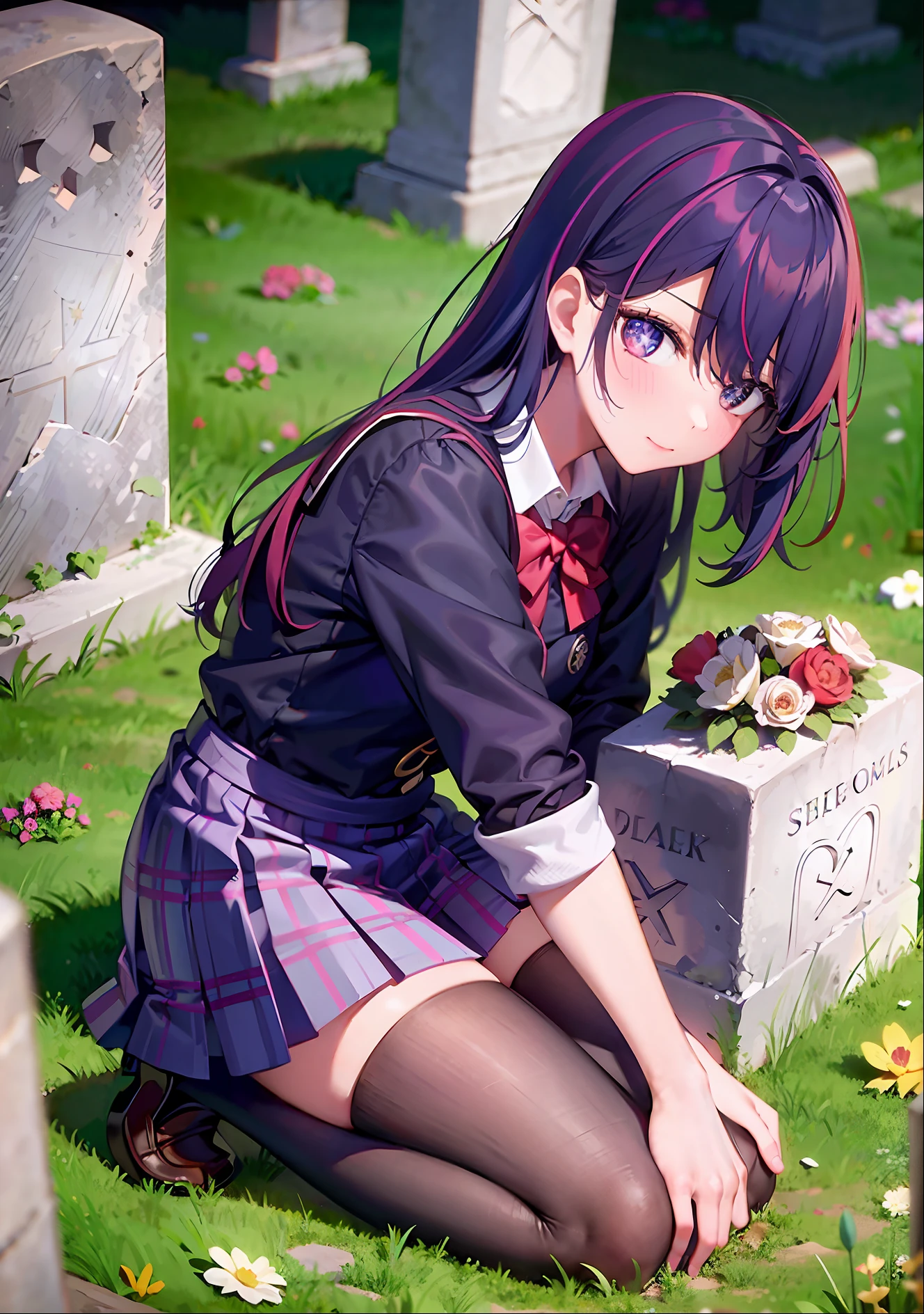 one-girl，（（There is a five-pointed star in the eye））Gorgeous Hair in Long Purple，JK school uniform，short  skirt，full bodyesbian，bunch of flowers，grave stones，burial site，