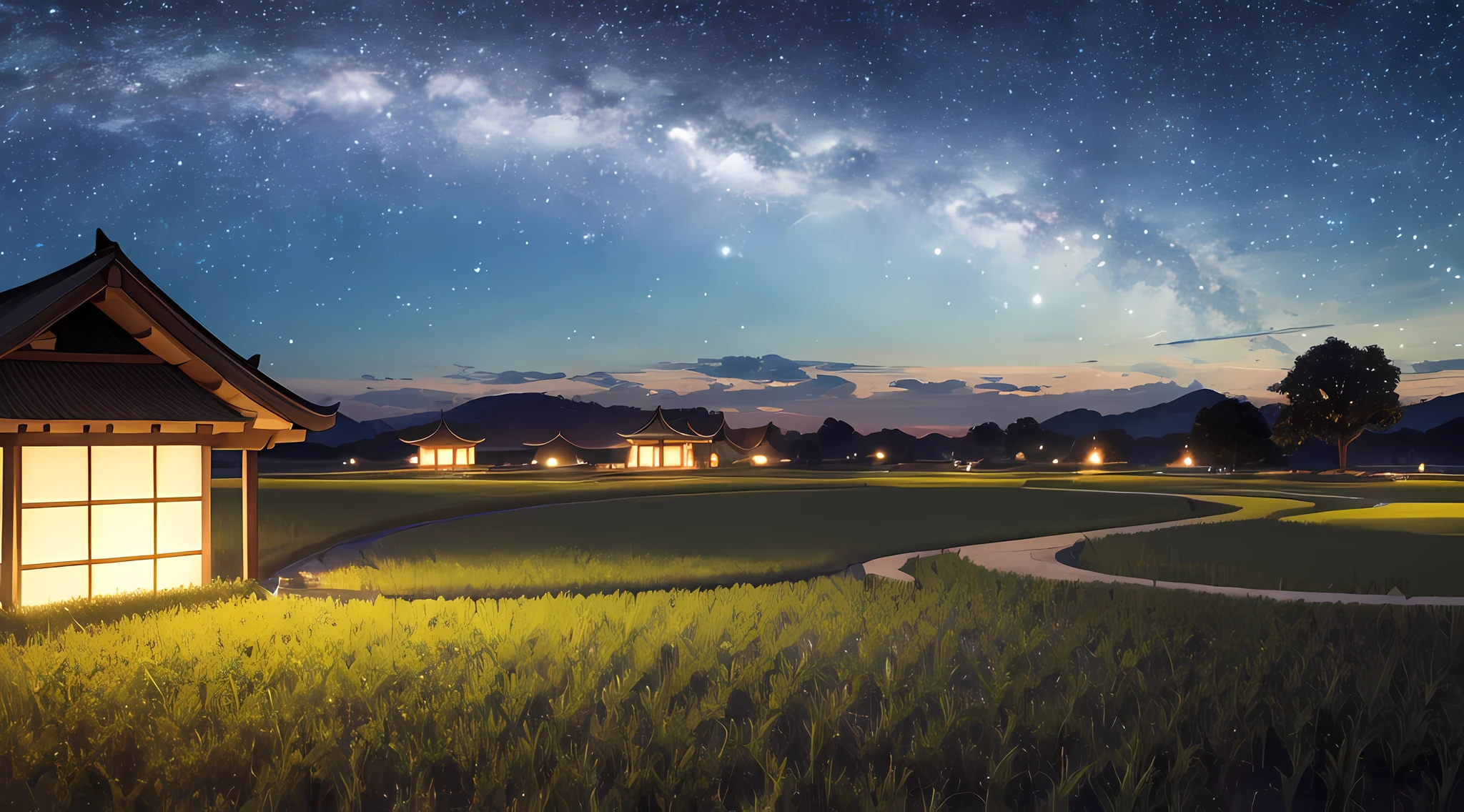 octane,Skysky,As estrelas(Skysky),scenecy,starrysky,the night,1girll,nigh sky,独奏,exteriors,ricefield,clouds,galactic,The tree,城市,siluette,NOWAI,stillness,Night scene