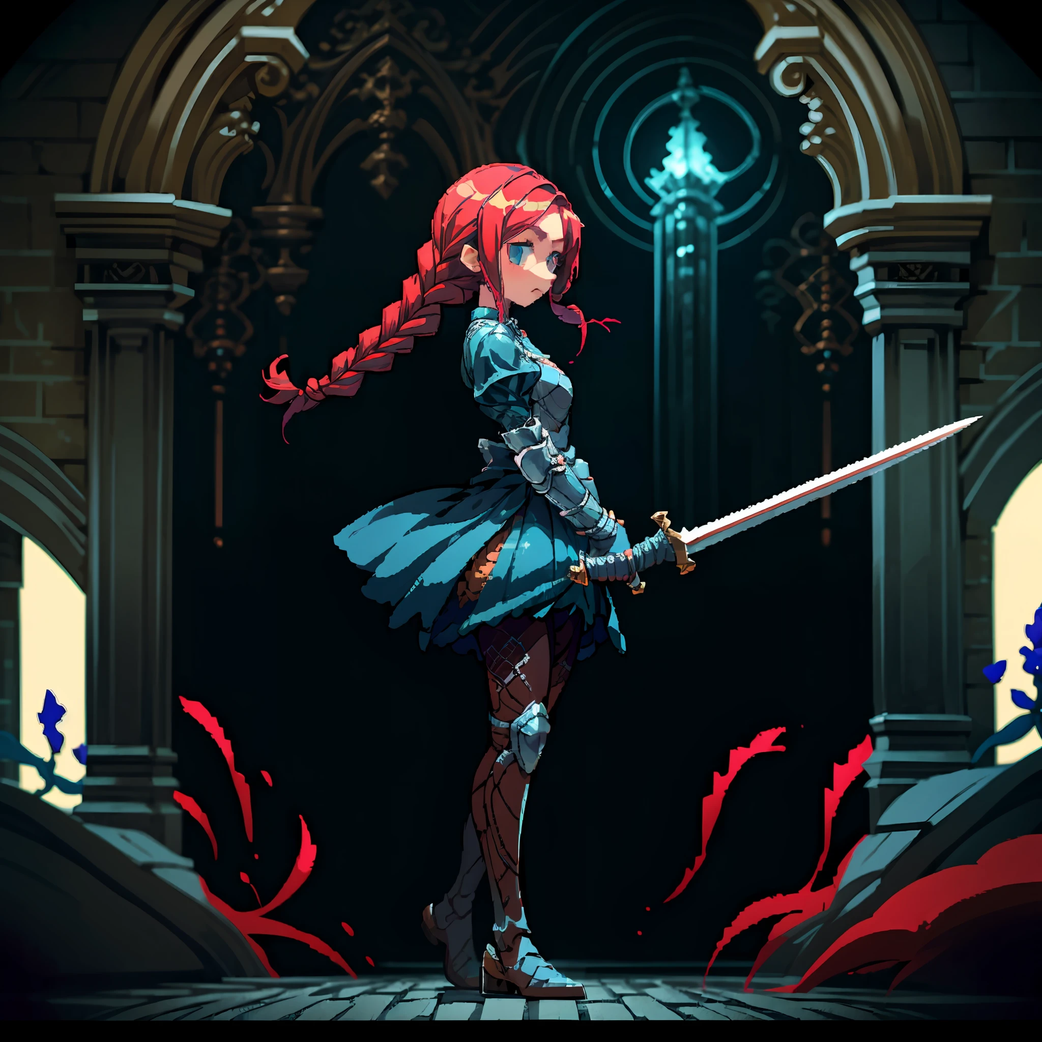 (best quality, masterpiece), 1girl, walking, knight with a sword, stab with a sword, (depth of field:1.3), long hair, braid, (dark photo:1.3)