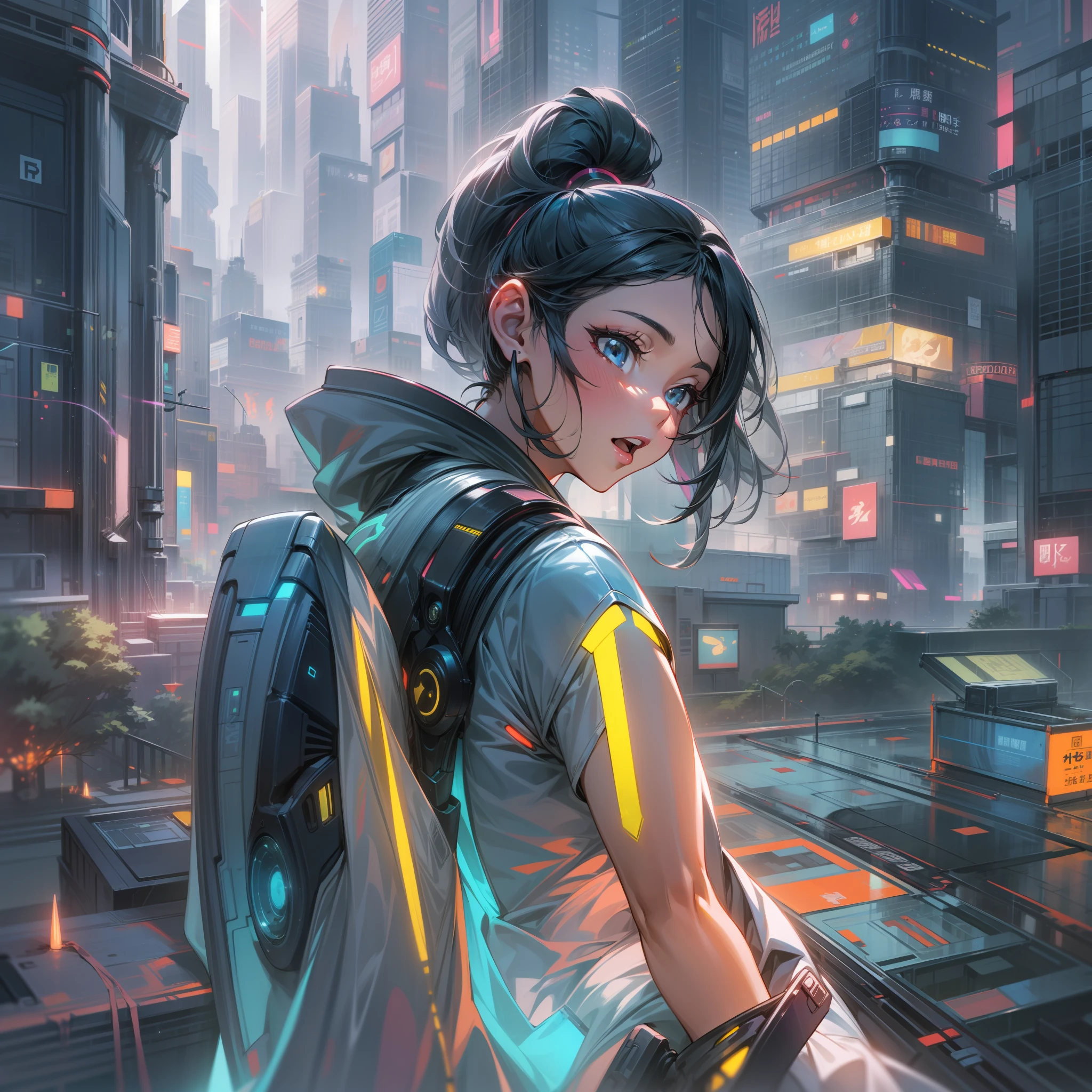 Drawn in 8K ultra-high resolution、Spectacle of the city of the future。The whole picture is filled with dazzling neon colors.、A colorful palette spreads out as if decorating the entire space.。In the center of this painting is、There is a young woman full of energy。Her hairstyle is short cut with black hair、The inner color is a neon color gradation.、Viola、green grass、verdant、And yellow is skillfully mixed。This is because she、Shows that you are in harmony with the colorful world around you。
Her outfit is contemporary, yet、Contains futuristic elements。The top is a hologram crop top、It shines iridescent when it receives light、Harmonize with the colors of Zhou Yu as if she is one。Her bottoms are shiny high-waisted silver pants.、While emphasizing the beauty of the legs, it creates a sophisticated silhouette.。At its feet、Neon pink high-tech sneakers、Supporting a vigorous footstep。
What she holds in her hands is、Transparent smartphone。The screen reveals a three-dimensional hologram.、It's as if she's one with the technology of the future.。Her gaze is directed forward.、His expression was bright.、Have fun、Full of expectations。
Behind her is the night view of the futuristic city。hay、Lined with cleverly designed skyscrapers、From that window々Colored light is emitted、Neon signs illuminate the whole city。On the roads of the city、Driverless autonomous vehicles come and go、In the sky above it、Drones and hovering cars are flying around。On the other hand、Some parts of the city have、Lush parks and vertical farms、It depicts a utopia where technology and nature coexist。
In the distant sky、The space elevator stretches toward the starry sky.、Beyond that, the beautiful aurora borealis that colors the night sky spreads out.。The road she stands on is、Interactive LEDs、Colorful light is emitting from under her feet。The colors change every time pedestrians pass by.、He creates an art-like image according to the movement.。
This whole scene is、It expresses a future in which the evolution of scien