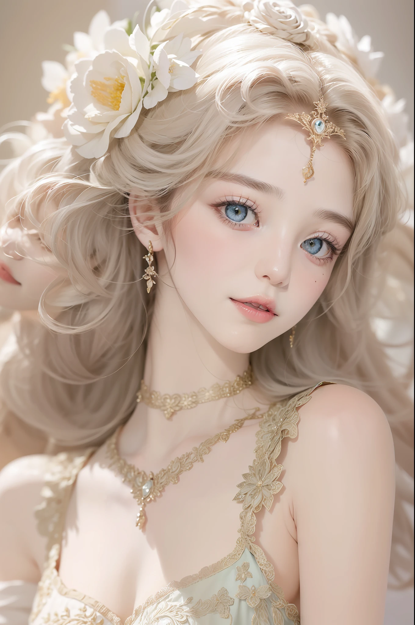 (masterpiece, ultra quality, high-res, 10, intricate: 1.2), (detailed face:1.2),so pretty, Detailed skin, pores, Absurd , whimsical, [Show your shoulders.],1 girl,Pastel dresses, ((Realistic)), good lighting quality, korean girl, ((pale skin)), balanced eyes,Beautiful Princess