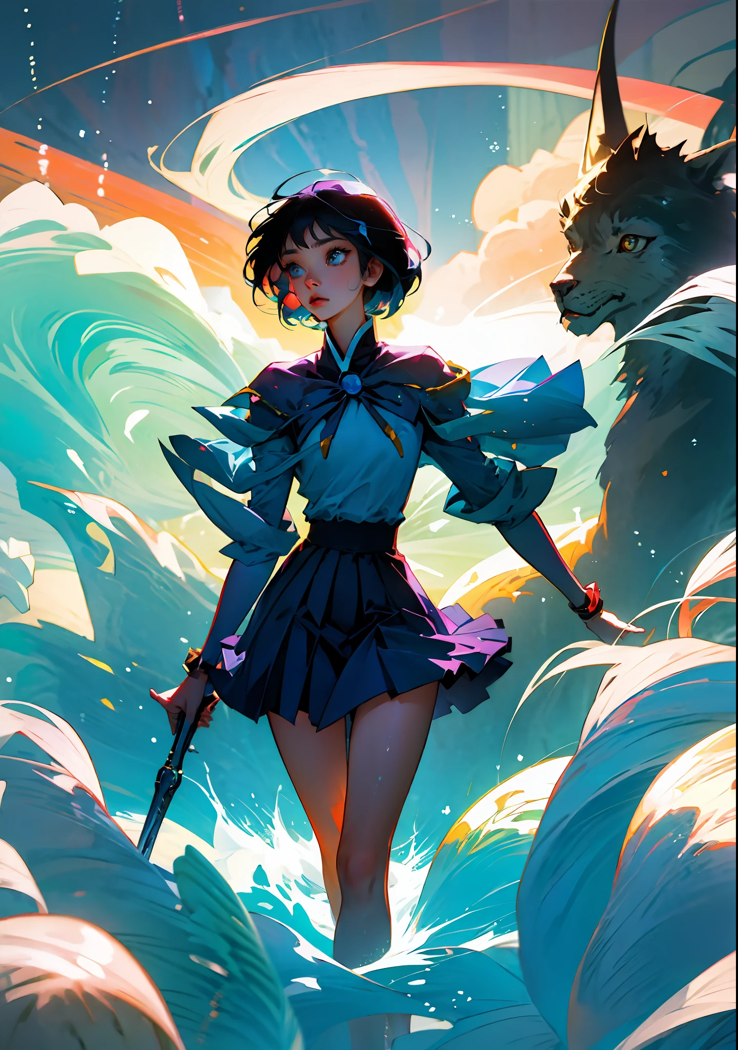 Fantasy art, blue color palette, a woman in a blue uniform is standing in the water, water, por Rumiko Takahashi,by Clamp, Umi Ryuzaki!!!, Magic Knight Rayearth!!!, ocean waves, bubbles, sea, light blue, school uniform, Estilo de abrazadera, Ilustraciones oficiales del anime, Studio Clamp Illustration, clamp style, (((masterpiece))), uhd, 16k, 8k