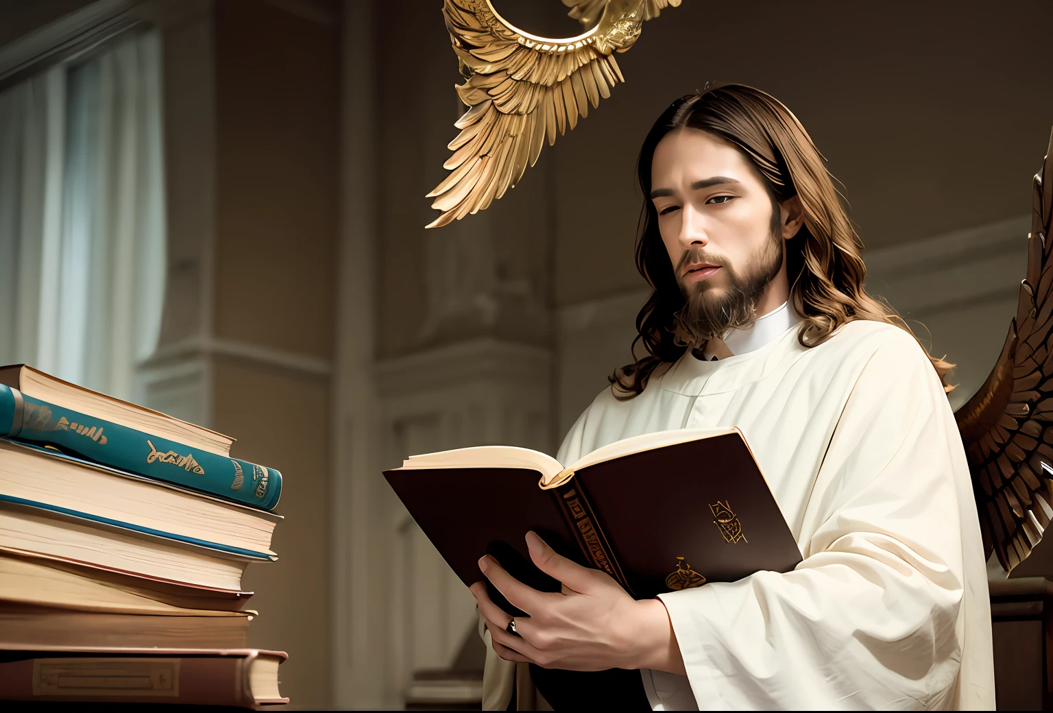 Jesus Christ with long pale white male hair with a silver book and large wings with a gold scale