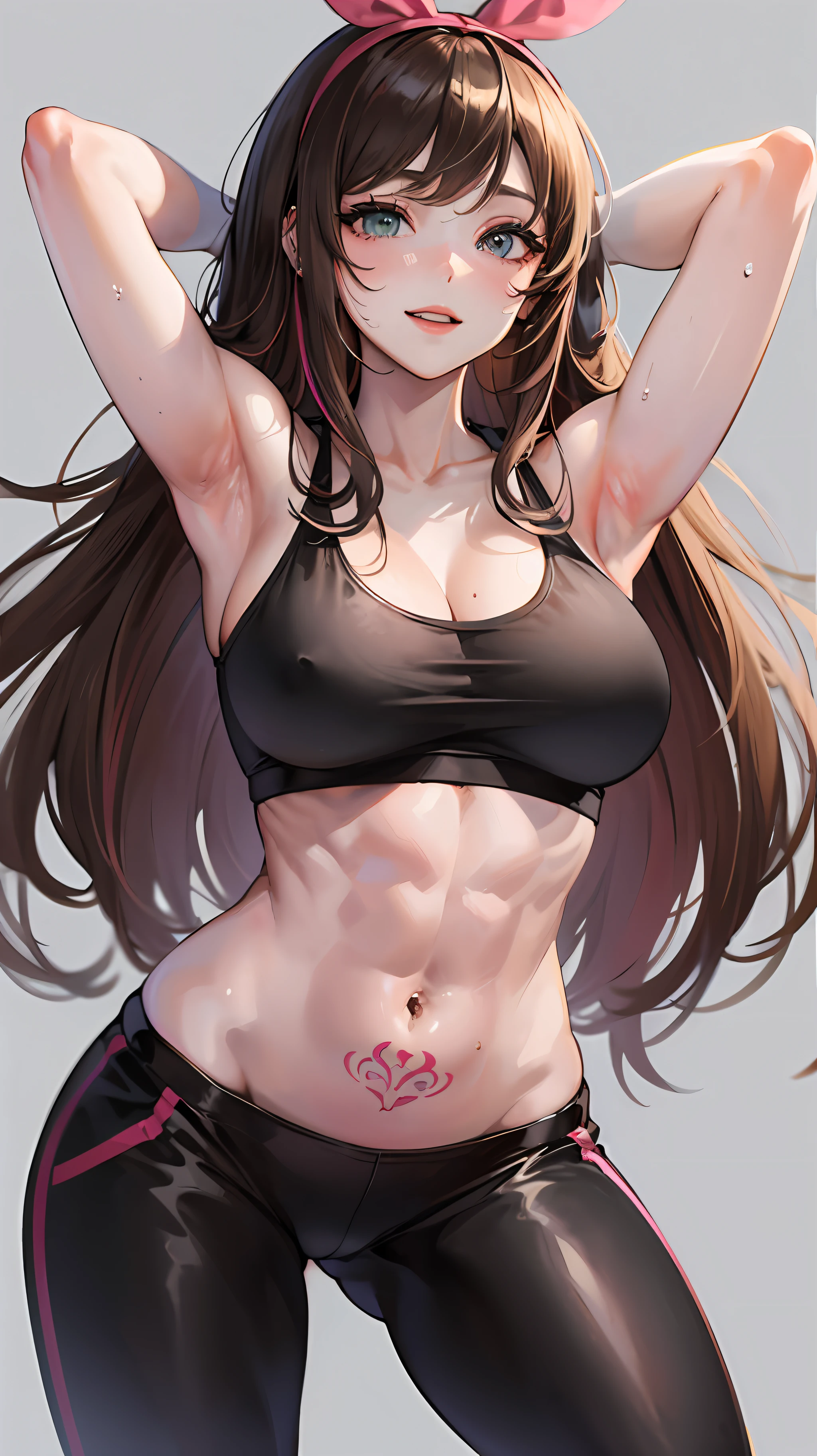 (Best quality, 8k, 32k, Masterpiece, UHD:1.2), kizuna ai, huge breasts,long hair, brown hair, multicolored hair, hair tied, pink hairband, pink highlights, streaked hair, smiling, pink sports bra, black jogging pants, navel, muscular abs, six packs, navel piercing, thong panties, sweaty armpits, short shorts, thick thighs, muscular arms, tattoos
