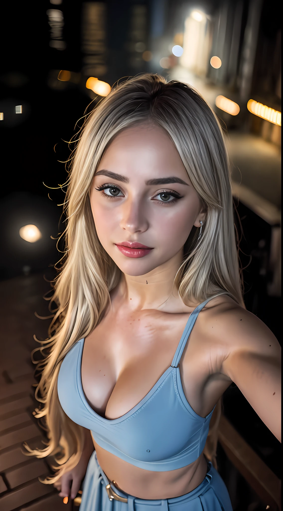 (selfie shot, from above:1.4), (half body postrait:1.4), RAW uhd portrait photo of a 24-year-old blonde (blue-eyed woman) walking down a dark alleyway, natural breasts_b, nighttime city background, (red sundress), (cleavage), detailed (textures!, hair!, shine, color!!, imperfections:1.1), highly detailed glossy eyes, (looking at the camera), specular lighting, dslr, ultra quality, sharp focus, tack sharp, dof, film grain, (centered), Fujifilm XT3, crystal clear, center of frame, cute face, sharp focus, street lamp, neon lights, bokeh, (dimly lit), low key, at night, (night sky)  detailed skin pores, oiled skin, tan, intricate eye detail