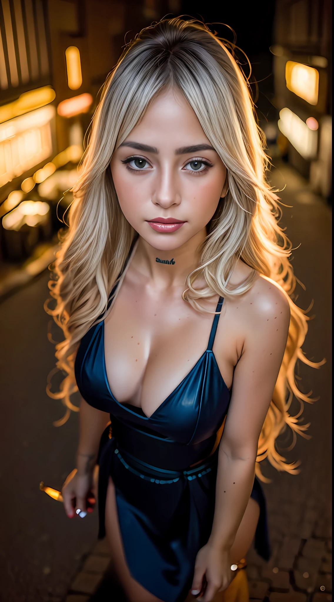 (selfie shot, from above:1.4), (half body postrait:1.4), RAW uhd portrait photo of a 24-year-old blonde (blue-eyed woman) walking down a dark alleyway, natural breasts_b, nighttime city background, (red sundress), (cleavage), detailed (textures!, hair!, shine, color!!, imperfections:1.1), highly detailed glossy eyes, (looking at the camera), specular lighting, dslr, ultra quality, sharp focus, tack sharp, dof, film grain, (centered), Fujifilm XT3, crystal clear, center of frame, cute face, sharp focus, street lamp, neon lights, bokeh, (dimly lit), low key, at night, (night sky)  detailed skin pores, oiled skin, tan, intricate eye detail