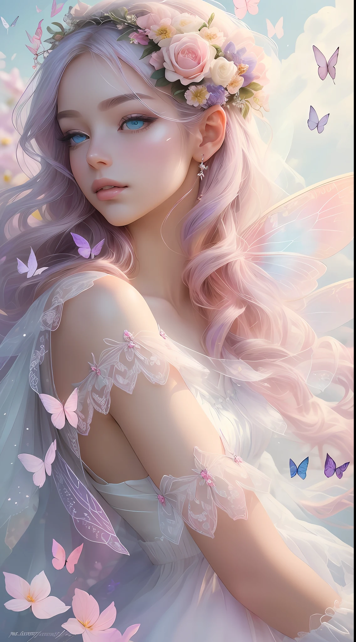 The colors in this image are soft and draw inspiration from gentle watercolors and should be (((primarily pink and purple))). Generate a delicate and tranquil flower fairy with soft hair dancing in the wind and intricately braided. Her sweet, gentle face has puffy, big lips and stunning, highly realistic eyes. She has beautiful detail eyes, beautiful detailed eyes, realistically shaded eyes in vibrant colors. ((She is wearing a delicate ((fairy dress)) of clouds, gossamer silk, and satin.)) She is surrounded by ethereal flowers of varying sizes and colors. The background is wild and unruly, with delicate flowers dancing in the wind and creating a dynamic and compelling image. A flowered headdress adorns her head and soft petals fall around her. The flowers in this artwork are realistic and very detailed and come in different shapes and sizes. Include a soft watercolor sky. Include realistic hair and skin texture. Include fantasy details, enhanced details, colorful glittering wind, and pollen. ((Pay special attention to her face and make sure it is sweet and realistically detailed.)) (((((The image should be dreamy and ethereal.))))) Include intricate fantasy details. 8k, intricate, elegant, highly detailed, majestic, digital photography, art by artgerm and ruan jia and greg rutkowski surreal painting pearl butterfly filigree, flower petals, (masterpiece, finely detailed beautiful eyes: 1.2), hdr, realistic skin texture, ((ornate)), ((intricate)), ((fantasy00d:1.2)), rays of light, (add details), (((highly detailed butterflies))), translucent butterflies, ornate flowers, dew drops, sunlight, rays of sun, ((((sweet, virgin, pure)))). A soft pink haze should emphasize this artwork's dreamy etherealness. (Best Quality, Masterpiece), 1girl, Pose, Particle, Wind, Flower, Upper Body, Pink and White Color Scheme, Flower Fairy, Wings, Forest, Butterfly