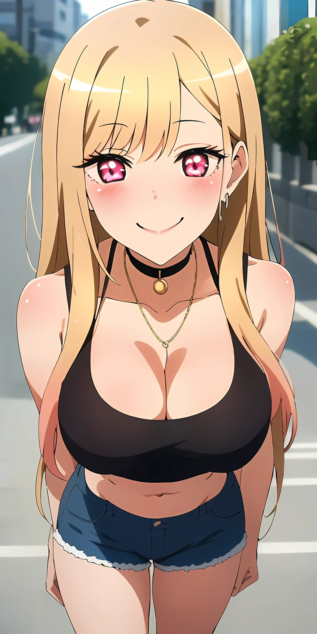 (Best quality:1.3), kitagawa, large breasts, cleavage, crop top, shorts, smiling, street background, (pov, blushing:1.3)