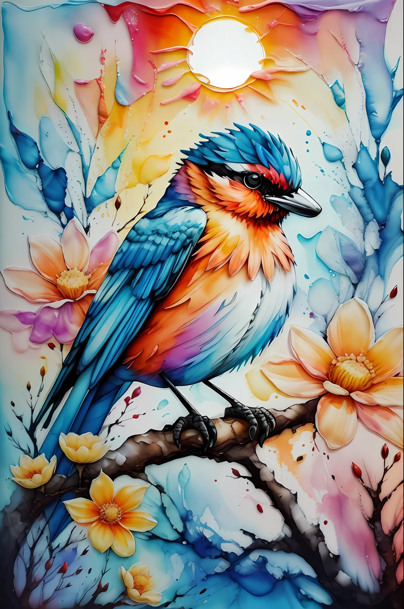 bird, sunrise, flower field, Alcohol ink and impasto mix painting,  explosion, 
yang08k,  beautiful,  colorful,
masterpieces, top quality, best quality, official art, beautiful and aesthetic,