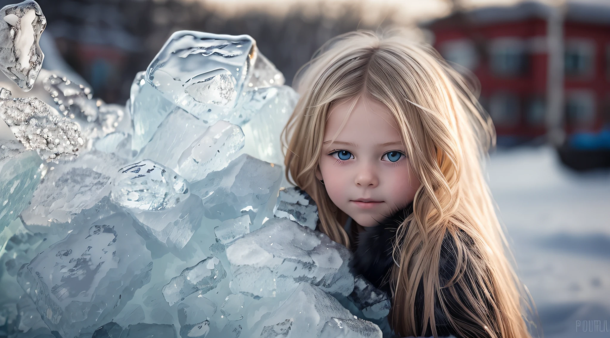  girl Russian child with hair BLONDE, PORTRAIT, BLACK FUR COAT, ICE, ICE, LOTS OF ICE,