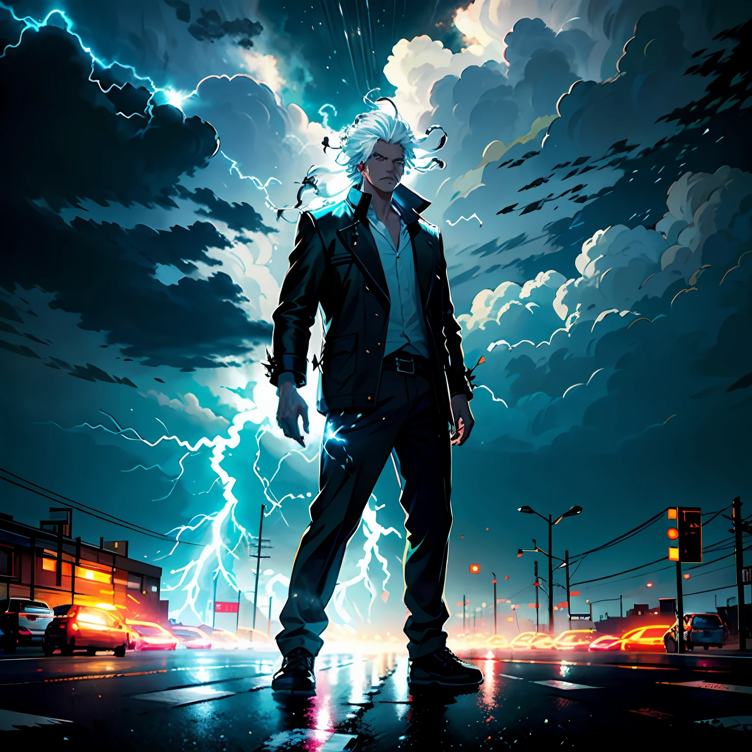 A man in the street, hair exploding, hair standing up, white lightning around him, all lightning, black clouds in the sky