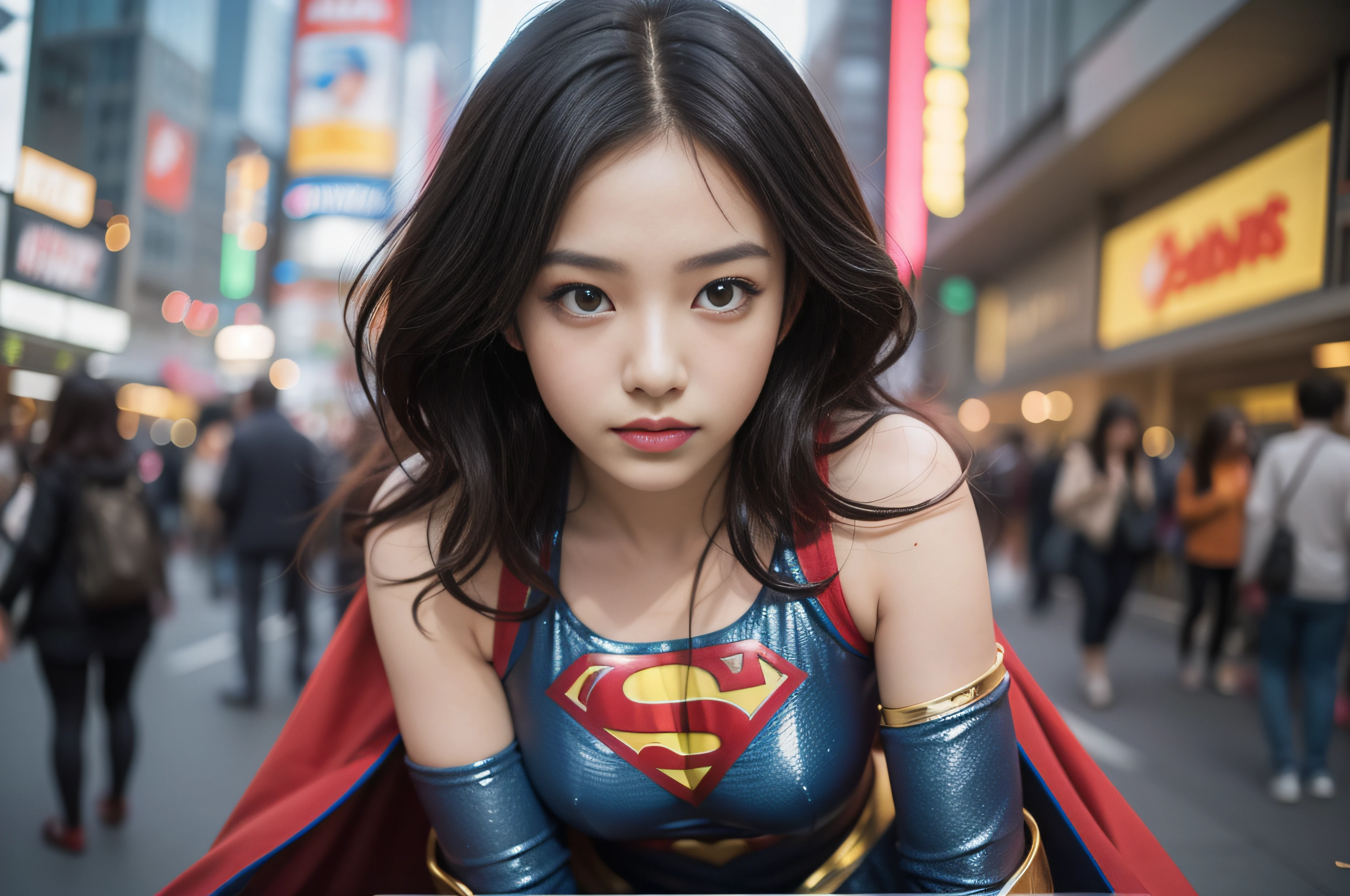 Extremely beautiful， RAW photogr， Cinematic lighting effects，A high resolution, 1 girl in a superhero costume,20yr old, Extremely detailed eye clarity ，Detailed skins，Realistic skin texture，Real skin texture，Highly Detailed Face and Skin Textur，Loose hair，A coquettish expression，Small head,Bigchest，broad shoulder，Small round buttocks，Small head, Slender thighs,Long curly black hair，Wear a close-fitting Super Girl bandeau sleeveless jumpsuit sexy tights,Exposing thighs,Super girl boots, Super Girl Golden Crown, Red and blue mixed color scheme，Superman logo on chest， Red cape,The girl is on the left side of the picture,Background Akihabara building，Beautiful and detailed background，真实感：1.3，ambient lights：1，Ultra photo realsisim， Photo realism，Real human photos，High-quality photos,Hyperrealistic,cinmatic lighting，Kodak Visual Color，Add noise:0.2, Standard 3D perspective,Deep depth of field,super-hero girl, The girl's body stays in mid-air,Ultra-far wide-angle lens,Low viewing angle,Seductive pose:0.7,Provocative expressions:1,full bodyesbian,dynamicposes：0.8，（crowd of：1.2），