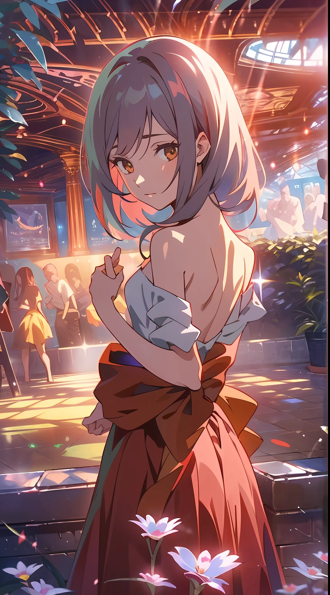 UHD, masterpiece, high details, high quality, best quality, 8k,The Garden of Words,one-girl, (red long skirt:1.2), (Look back at the audience:1.3), (Bare back:1.2), Eau, inverted image, long whitr hair, shy, cinematic lighting, ray tracing