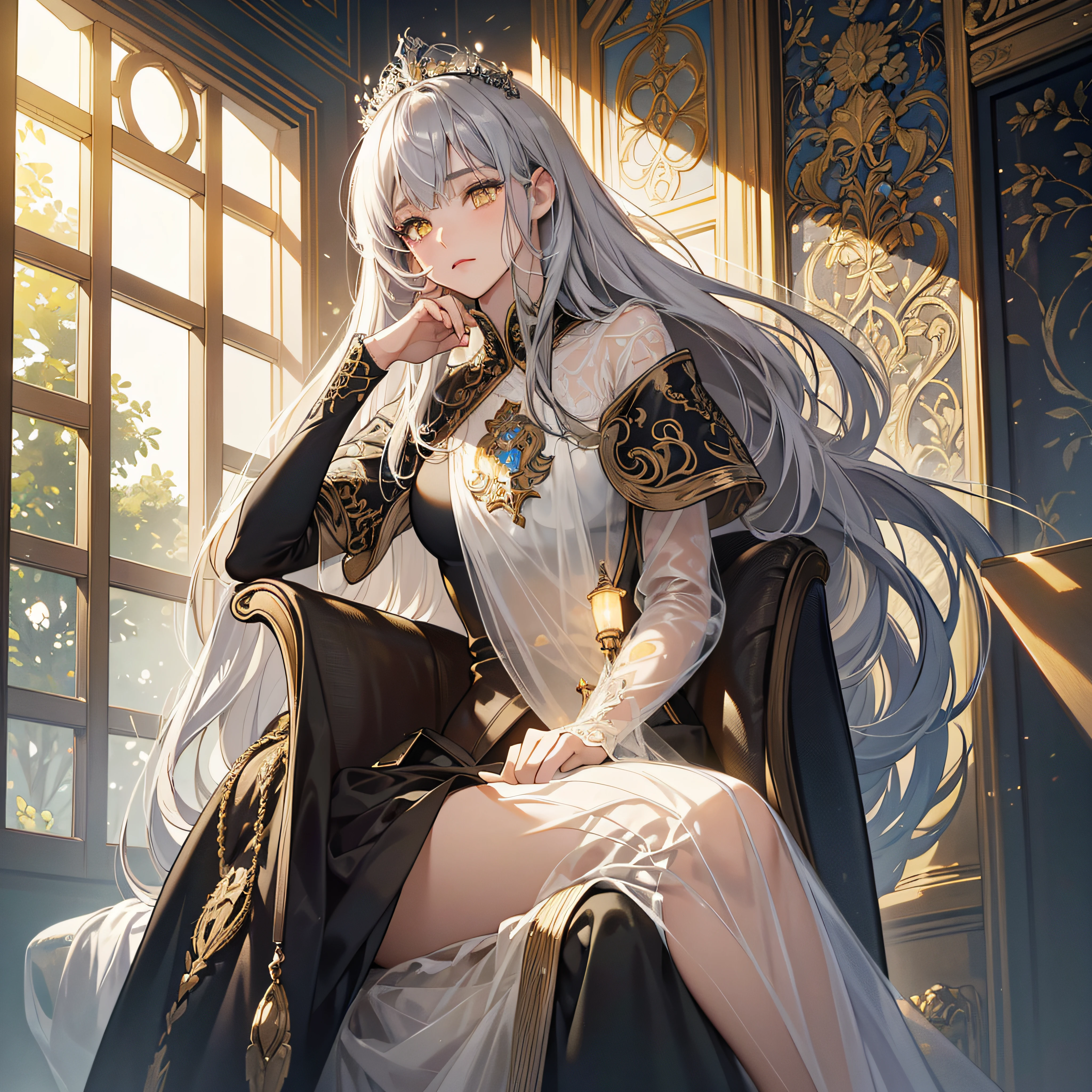 (Masterpiece:1.2), best quality, (illustration:1.2), (ultra-detailed), hyper details, (delicate detailed), (intricate details), (cinematic light, best quality Backlights), clear line, from below, solo female,perfect bodies,(1girl),Gray hair and yellow eyes,(the emperor,Black see-through garment),(tiara crown:1.1),sitting on an royal throne,Close your eyes slightly,low head,low head,(is shy:1.2 ), ((makeup)), High contrast, (best illumination, an extremely create and beautiful), ((cinematic light)), Bright colors,Realistic,huge tit --auto