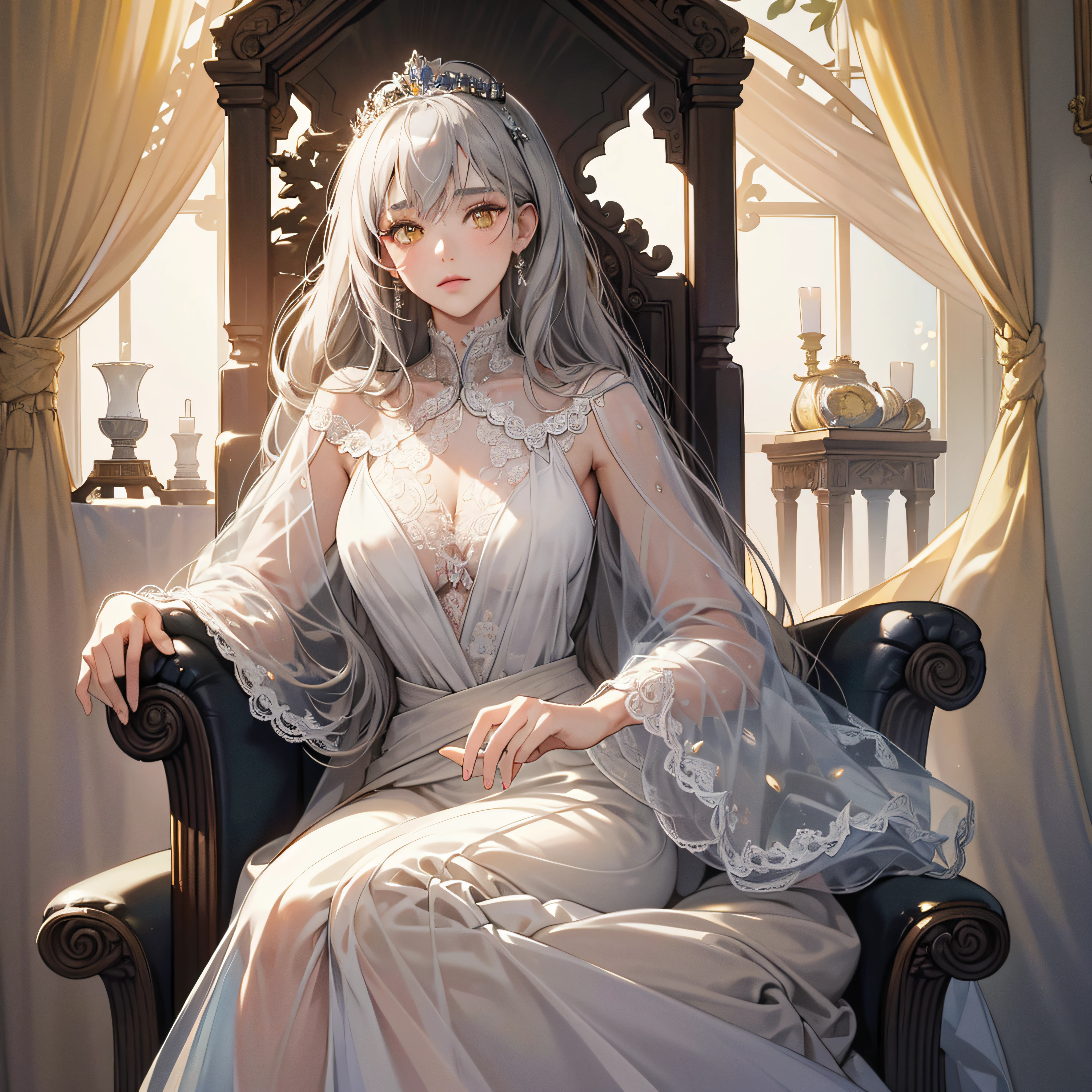 (Masterpiece:1.2), best quality, (illustration:1.2), (ultra-detailed), hyper details, (delicate detailed), (intricate details), (cinematic light, best quality Backlights), clear line, from below, solo female，perfect bodies，(1girl)，Gray hair and yellow eyes，(the emperor，Black see-through garment)，(tiara crown：1.1)，sitting on an royal throne，Close your eyes slightly，low head，low head，(is shy：1.2 ), ((makeup)), High contrast, (best illumination, an extremely create and beautiful), ((cinematic light)), Bright colors,Realistic,huge tit --auto