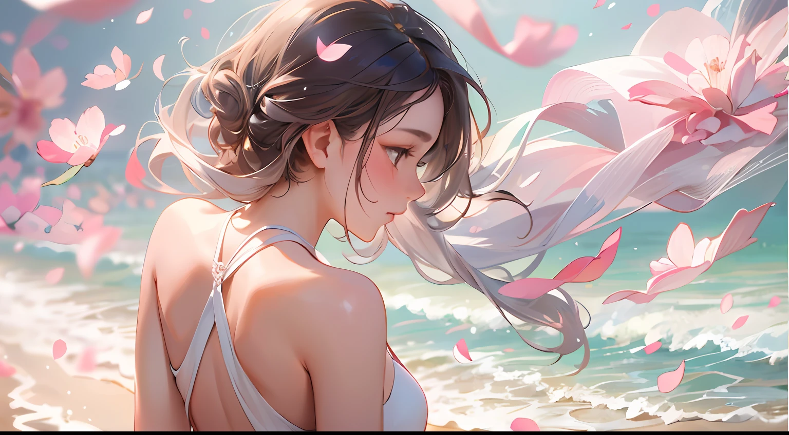 "(Best quality, masterpiece, ultra-realistic) | (Portrait of a beautiful and delicate girl with a playful and cute expression) | (Floating petals in the background)" standing on the beach, full body, scene from behind the girl's back.