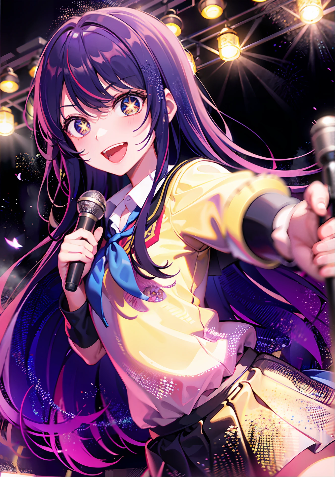 one-girl,yellow long hair((There is a five-pointed star in the eye))yellow long hair,JK school uniform,short skirt,full bodyesbian,Stage,lamplight,microphones,Smile ,Open mouth