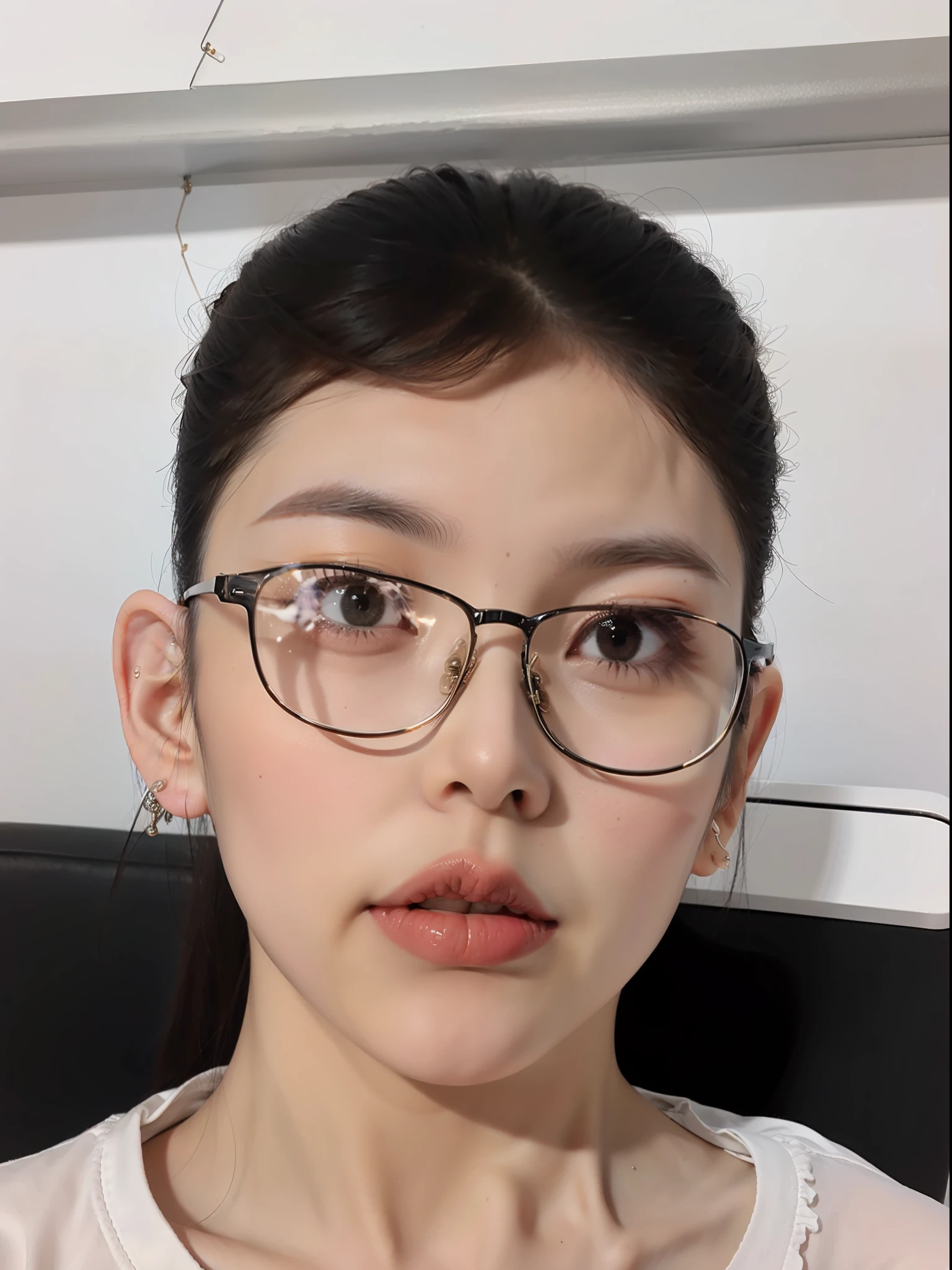 Black glasses frame，黑The eye，inch hair，white  clothes。
