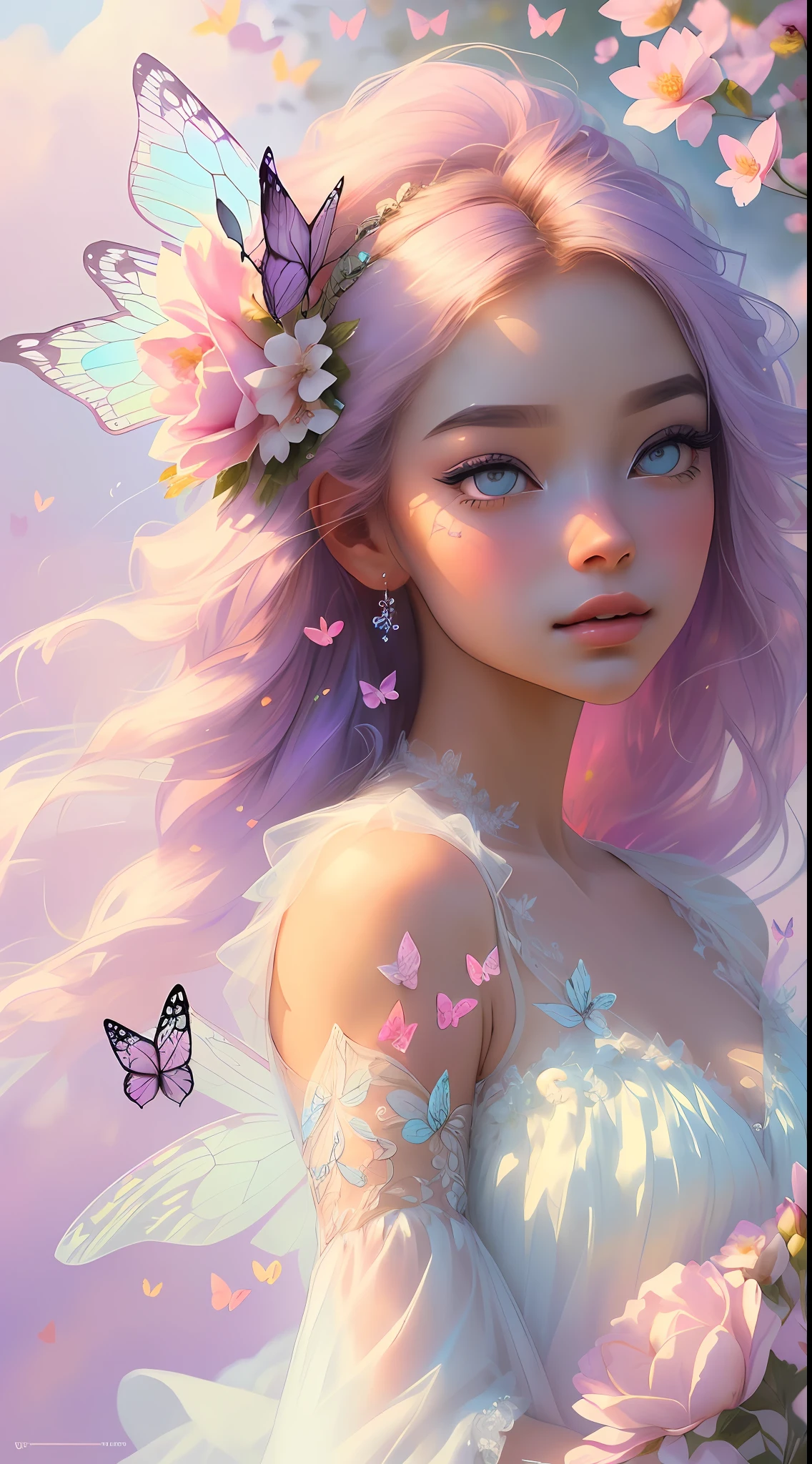 The colors in this image are soft and draw inspiration from gentle watercolors and should be (((primarily pink and purple))). Generate a delicate and demure flower fairy with soft hair dancing in the wind and intricately braided. Her sweet, gentle face has puffy, big lips and stunning, highly realistic eyes. She has beautiful detail eyes, beautiful detailed eyes, realistically shaded eyes in vibrant colors. ((She is wearing a delicate ((fairy dress)) of clouds, gossamer silk, and satin.)) She is surrounded by ethereal flowers of varying sizes and colors. The background is wild and unruly, with delicate flowers dancing in the wind and creating a dynamic and compelling image. A flowered headdress adorns her head and soft petals fall around her. The flowers in this artwork are realistic and very detailed and come in different shapes and sizes. Include a soft watercolor sky. Include realistic hair and skin texture. Include fantasy details, enhanced details, colorful glittering wind, and pollen. ((Pay special attention to her face and make sure it is sweet and realistically detailed.)) (((((The image should be dreamy and ethereal.))))) Include intricate fantasy details. 8k, intricate, elegant, highly detailed, majestic, digital photography, art by artgerm and ruan jia and greg rutkowski surreal painting pearl butterfly filigree, flower petals, (masterpiece, finely detailed beautiful eyes: 1.2), hdr, realistic skin texture, ((ornate)), ((intricate)), ((fantasy00d:1.2)), rays of light, (add details), (((highly detailed butterflies))), translucent butterflies, ornate flowers, dew drops, sunlight, rays of sun, ((((sweet, virgin, pure)))). A soft pink haze should emphasize this artwork's dreamy etherealness. (Best Quality, Masterpiece), 1girl, Pose, Particle, Wind, Flower, Upper Body, Pink and White Color Scheme, Flower Fairy, Wings, Forest, Butterfly