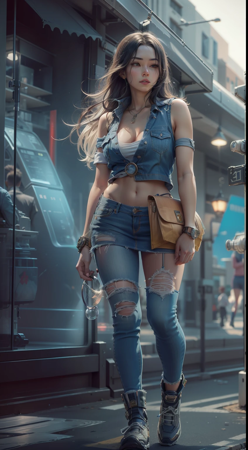 （（best qualtiy））， （（tmasterpiece））， （A detailed：1.4），（（full bodyesbian）），Enhanced dynamic perspective，beautiful sexy girl，夏天，Denim skirt，Come to me，Future sci-fi city street，Street photography，Bright colors，dream magical，optic，high qulity，super-fine，Detailed pubic hair，Accurate，Cinematic lighting，