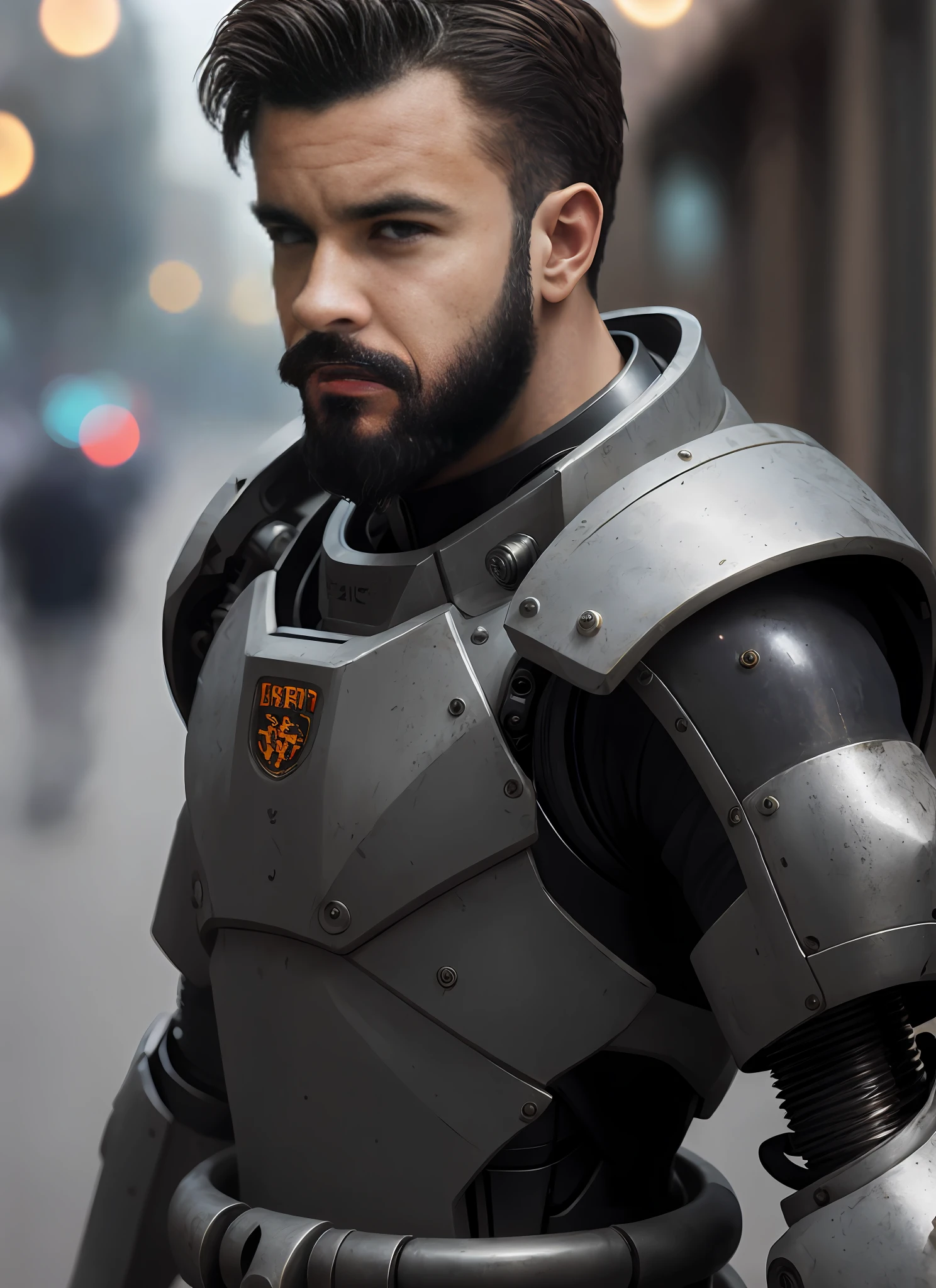 close up Portrait photo of muscular bearded guy in a worn mech suit, ((light bokeh)), intricate, (steel metal [rust]), elegant, sharp focus, photo by greg rutkowski, soft lighting, vibrant colors, masterpiece, ((streets)), detailed face