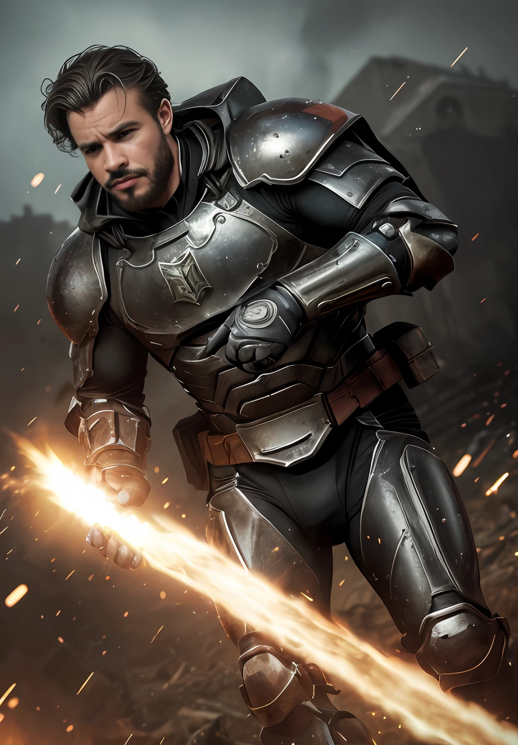 focus, hecavill, sks person,  closeup, action pose, dynamic angle,
(upper body:1.2), 
, night, solo, 1boy, full armor, battle-worn armor, bulky,  40k, lion'el, blonde hair, slickedback hair, facial scaring, old,  ruins, battle field,
[(
slow motion, motion blur, dynamic, 
Cinematic film still, sparks,  battle field, 
((Best quality)), 
8K RAW, 
ravishing, (vivid bright colors:1.3), vibrant,  best quality,
 8k, artstation, 
by Esaias van de Velde, Cagnaccio di San Pietro, Warwick , Theo van Rysselberghe, negative space, colorgraded, Cinematic film still, analog style, RAW photo, hyper real photo, ultrarealistic , 8k uhd, dslr, soft lighting, high quality, film grain 50mm lens,  colorgraded, volumetric lighting, volumetric fog,  absurdres, , realistic,  Cinematic composition, 
back lighting,
):8]