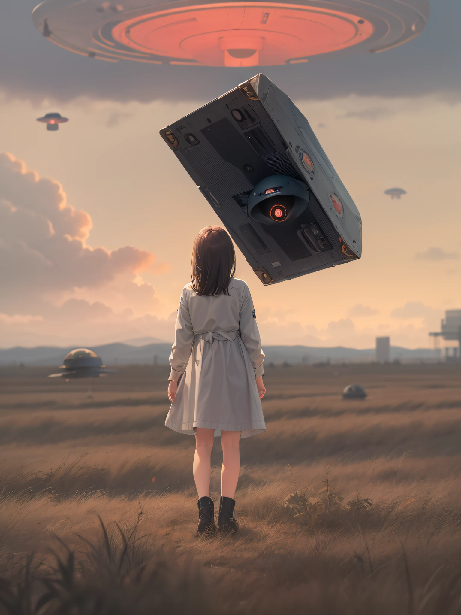 UFO landed behind、Girl with a black box in her hands