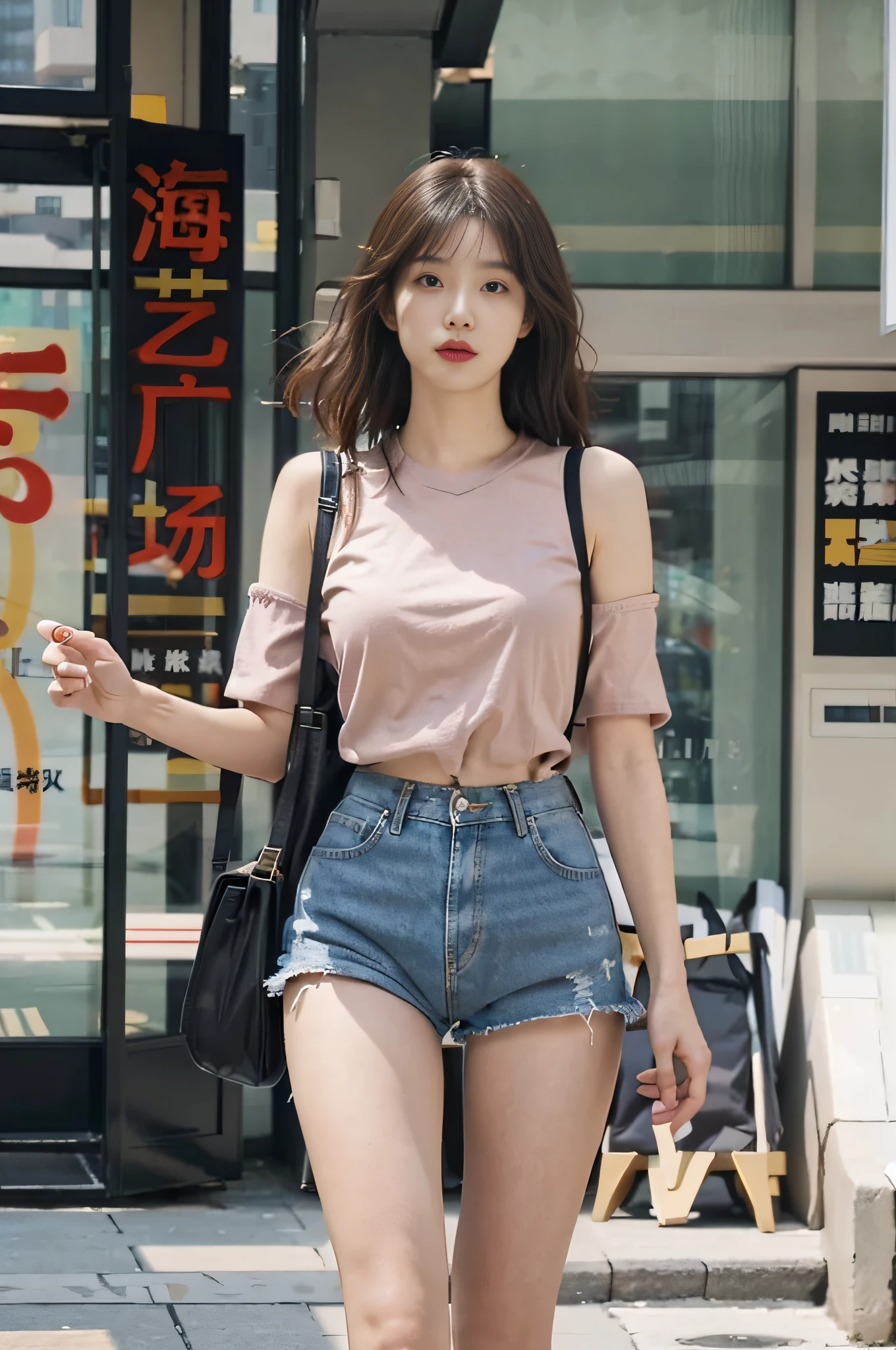 1 girl, Full body photo,,Jeans,Suspender T-shirt,Wearing sneakers, cropped shoulders,The facial features are delicate and three-dimensional, The expression is natural and real, cheerfulness,Detailed details,Real and natural,Walk next to the camera,Accidentally see your footage , wearing denim short shorts, photo of slim girl model, Straight dark brown hair ,floated hair,Large breasts, Walk in style and naturally on the square, The background is a spacious square in a fashion shopping mall,The ground is smooth,Advancedsense,High-rise building in background,Korean female model, Casual style, In fashion style, Trendy clothes, Solo, Detailed background, Square fashion clothing, Square fashion clothing, Sexy girl in shorts, Square fashion clothing,, very beautiful slim legs, Photorealistic, Street photography, Masterpiece, Realistic, Realistic, Photorealistic, High contrast, artstation 8k, High-definition realistic digital art trends, Detailed, Skin texture, Super detailed, Realistic skin texture, armature, Best quality, 超高分辨率, (Photorealistic :1.4), 超高分辨率, Detailed, primitive, Sharp Re, Port Kodak 400, Camera f1.6 shots, Rich colors, Ultra-realistic, Realistic textures, Dramatic lighting, illusory engine, Popular on the ArtStation Cinestill 800
