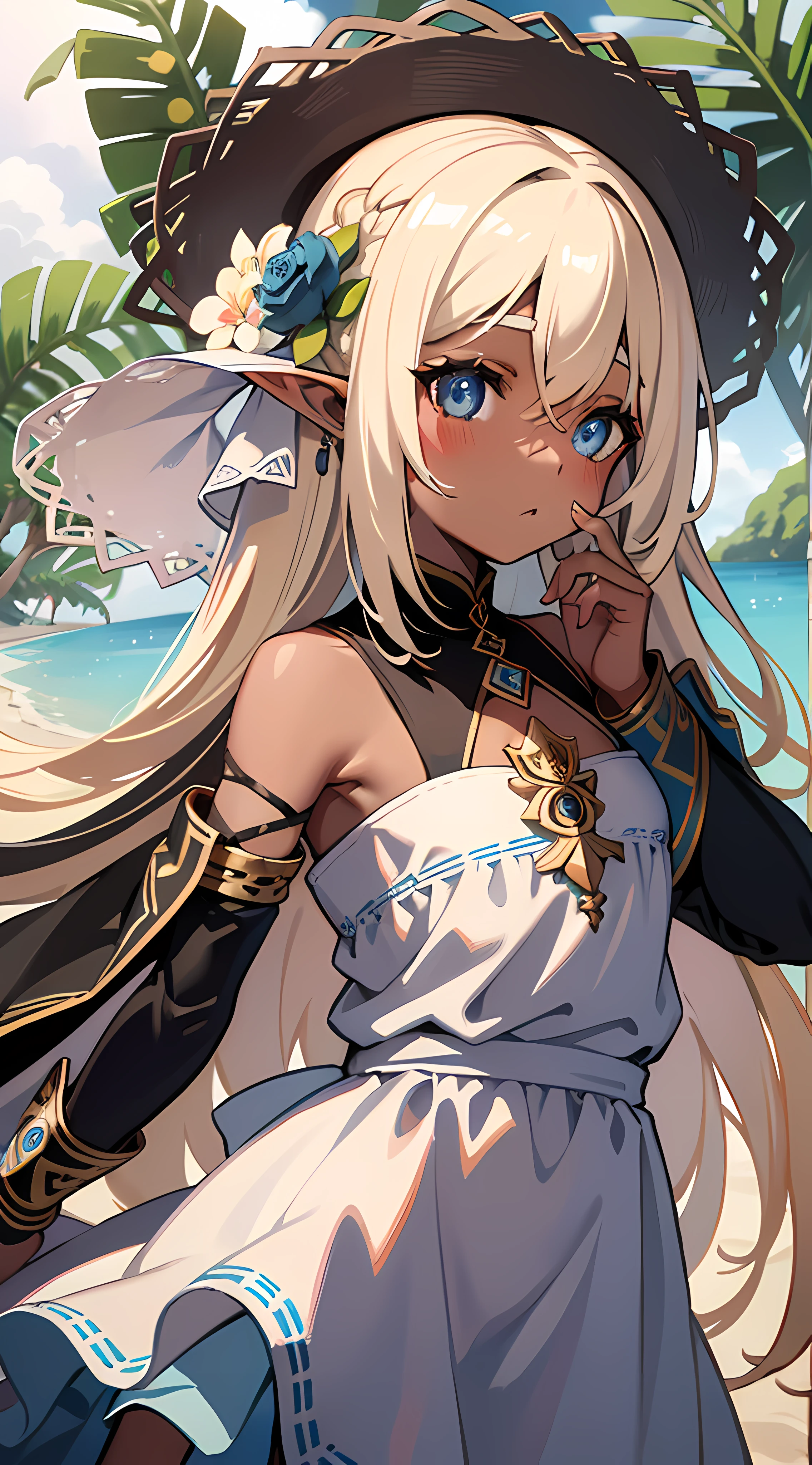 （Black skin:5.0、elvish）、petite girl in、A girl child、blue eyess、very long bangs、very long transverse hair、hair over eyes:2.0、a blond、Beach、flat chest、Very large straw hat、White long dress、blush、Flat waist、closing eye,Armpit